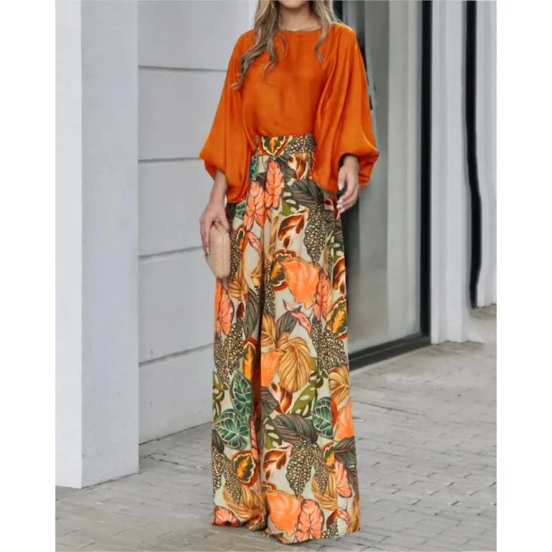 New Women's Clothing Set Lantern Sleeves Loose Top Printed Wide Leg Pants Two Piece Set Casual Ladies Trouser Outfit 2025 Summer
