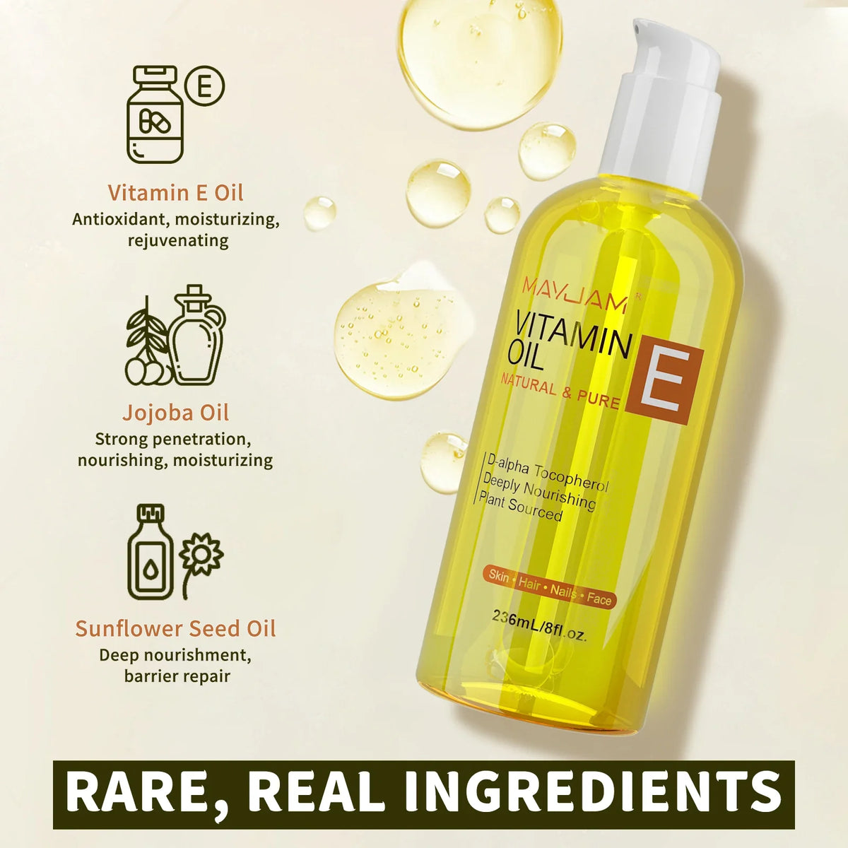 MAYJAM Natural & Pure Vitamin E Oil Skincare Moisturizing Brighten Skin Tone 118ml 236ml Face Care Oil - Fabs things