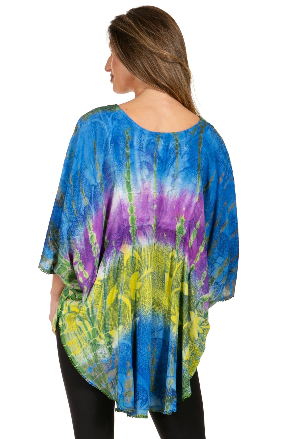 Sakkas Ellesa Ombre Tie Dye Circle Poncho Blouse Shirt Top With Sequin Embroidery - Fabs things