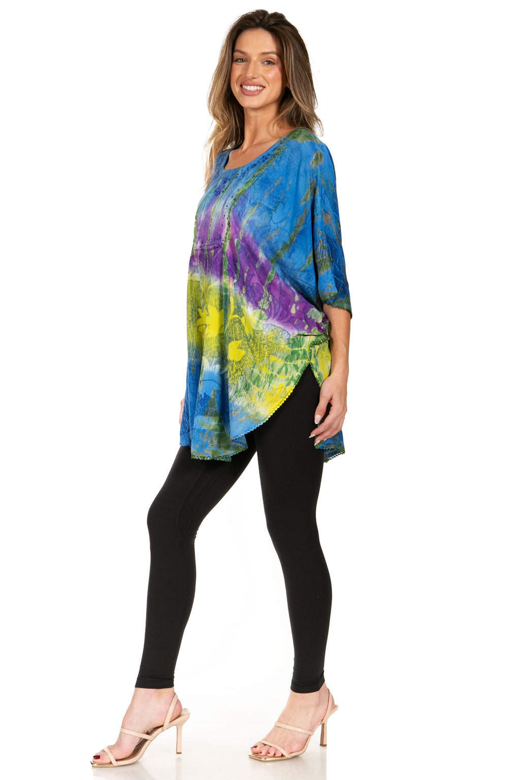 Sakkas Ellesa Ombre Tie Dye Circle Poncho Blouse Shirt Top With Sequin Embroidery - Fabs things