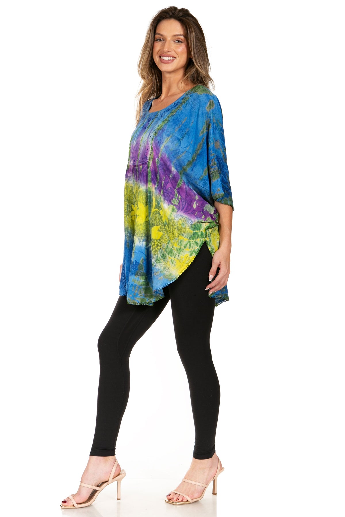 Sakkas Ellesa Ombre Tie Dye Circle Poncho Blouse Shirt Top With Sequin Embroidery - Fabs things