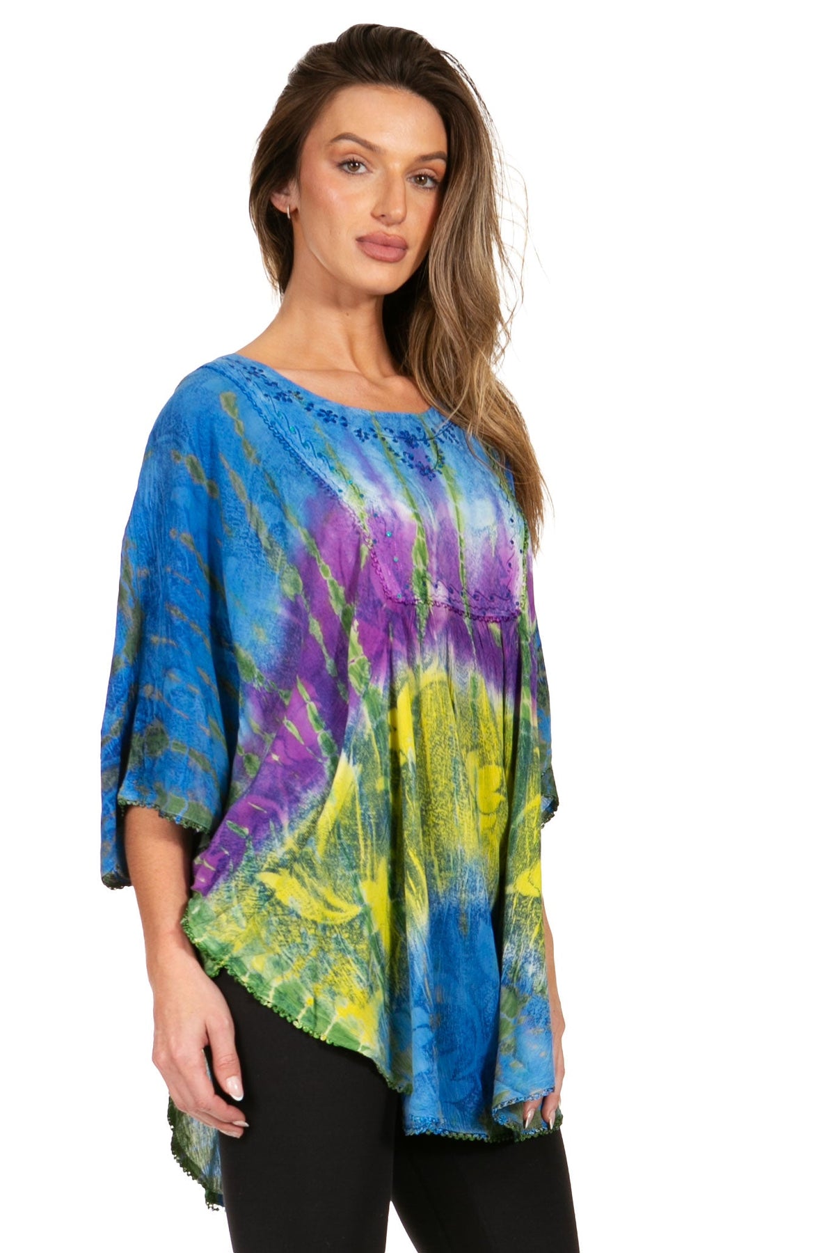 Sakkas Ellesa Ombre Tie Dye Circle Poncho Blouse Shirt Top With Sequin Embroidery - Fabs things
