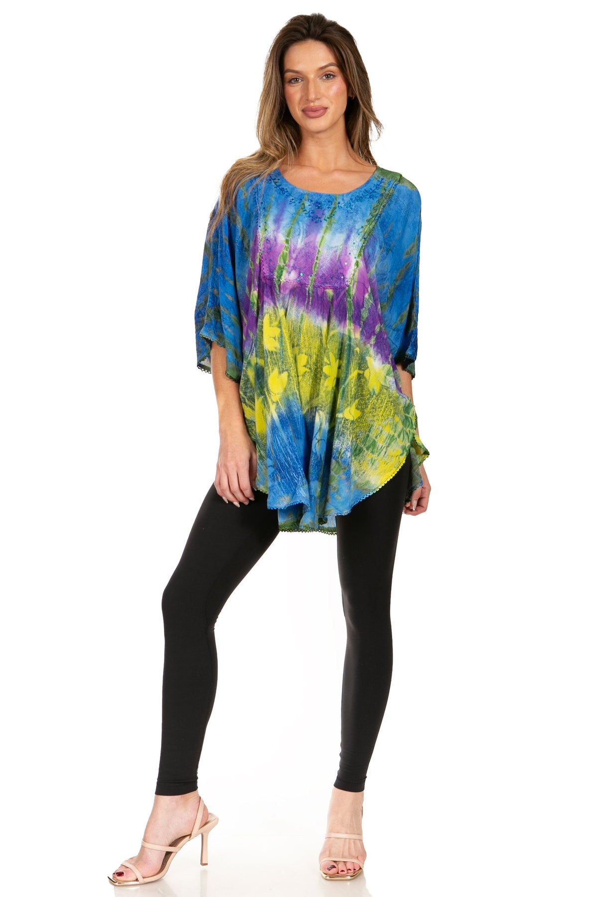 Sakkas Ellesa Ombre Tie Dye Circle Poncho Blouse Shirt Top With Sequin Embroidery - Fabs things