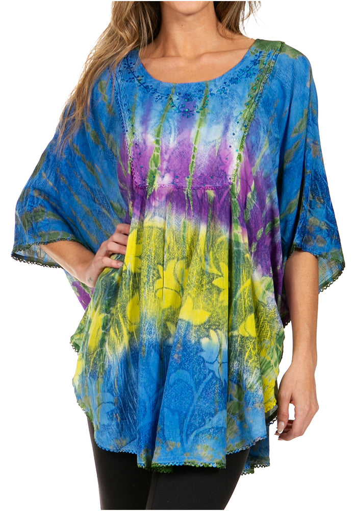 Sakkas Ellesa Ombre Tie Dye Circle Poncho Blouse Shirt Top With Sequin Embroidery - Fabs things