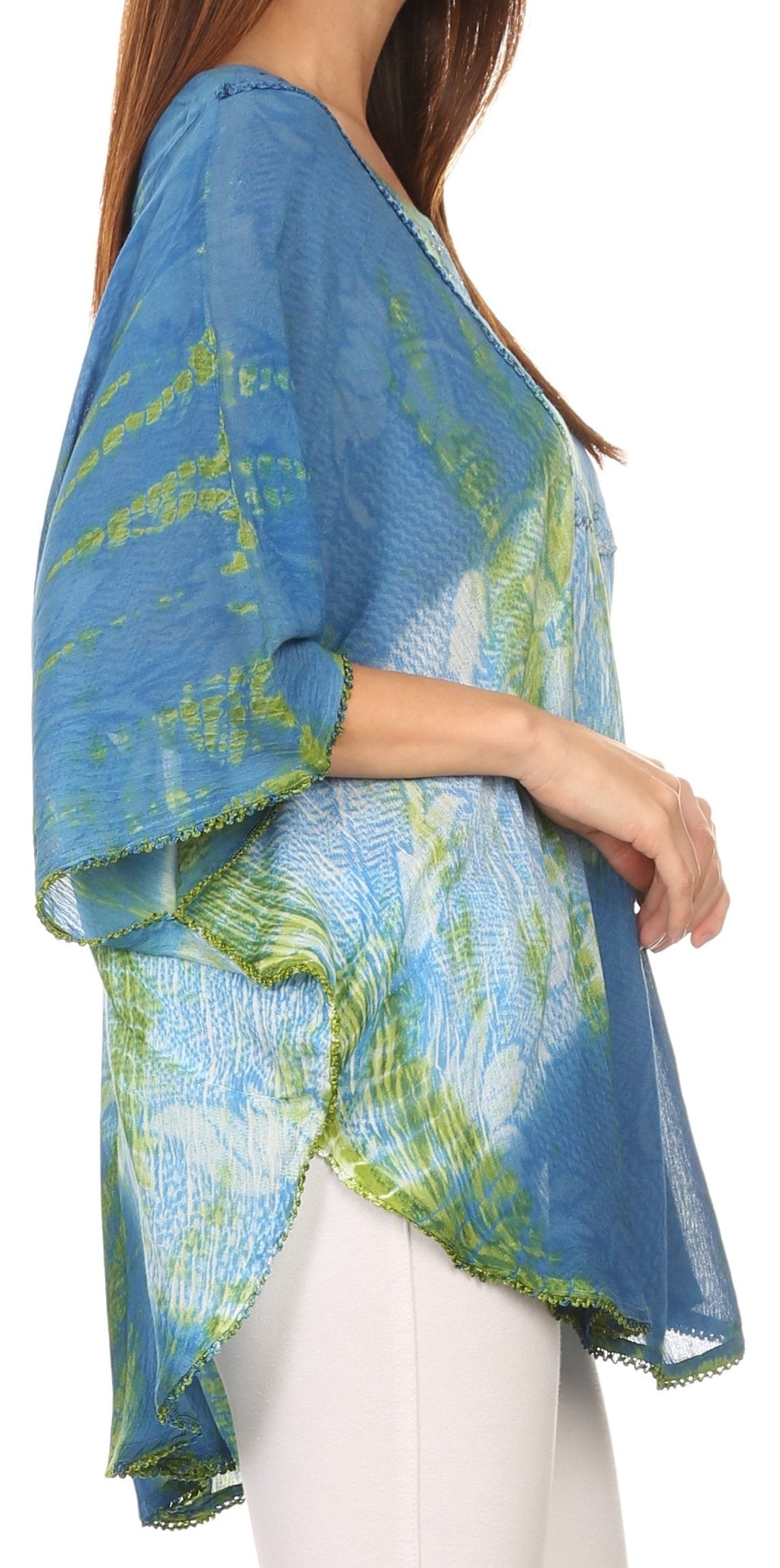 Sakkas Ellesa Ombre Tie Dye Circle Poncho Blouse Shirt Top With Sequin Embroidery - Fabs things