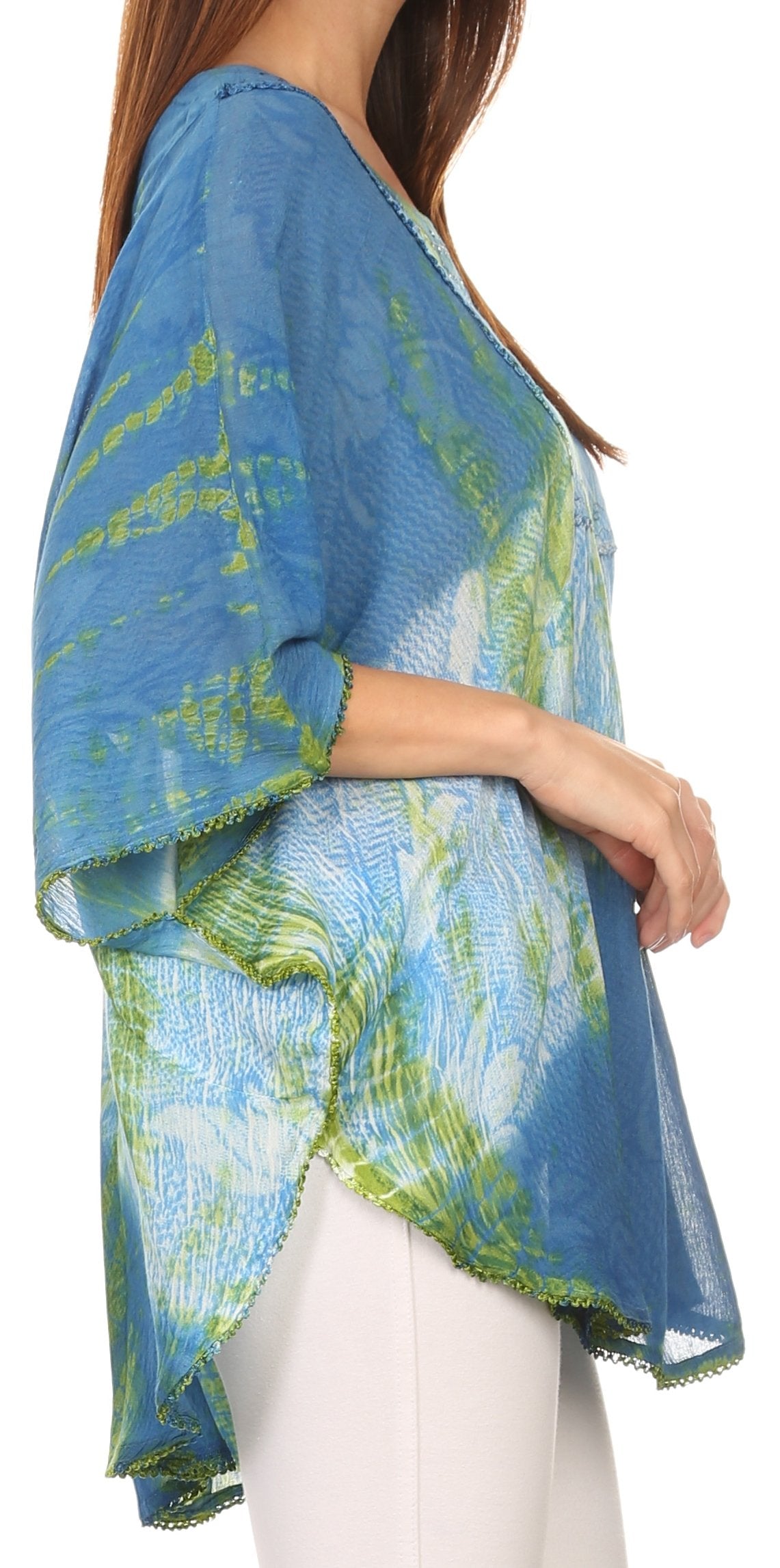 Sakkas Ellesa Ombre Tie Dye Circle Poncho Blouse Shirt Top With Sequin Embroidery - Fabs things