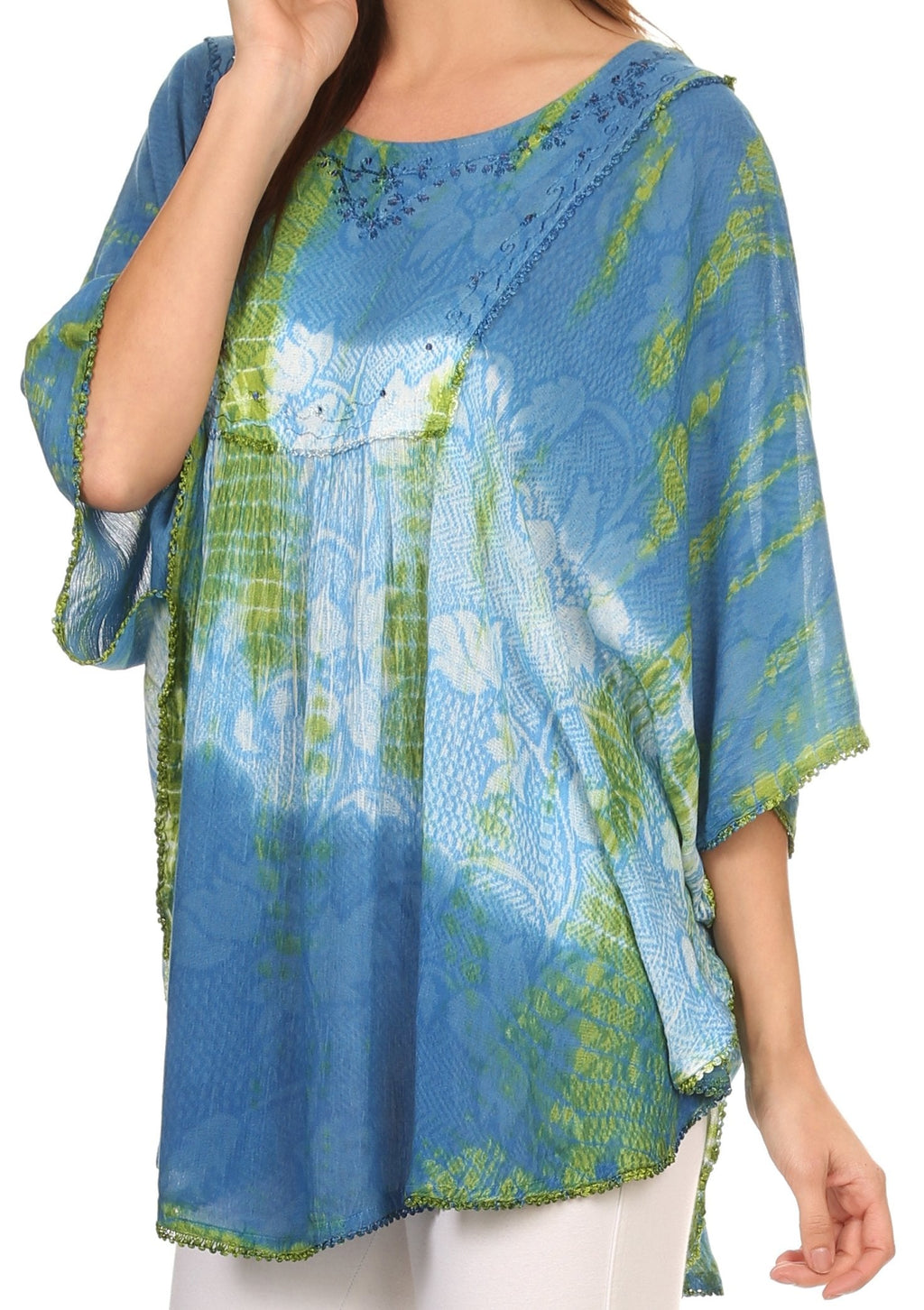 Sakkas Ellesa Ombre Tie Dye Circle Poncho Blouse Shirt Top With Sequin Embroidery - Fabs things