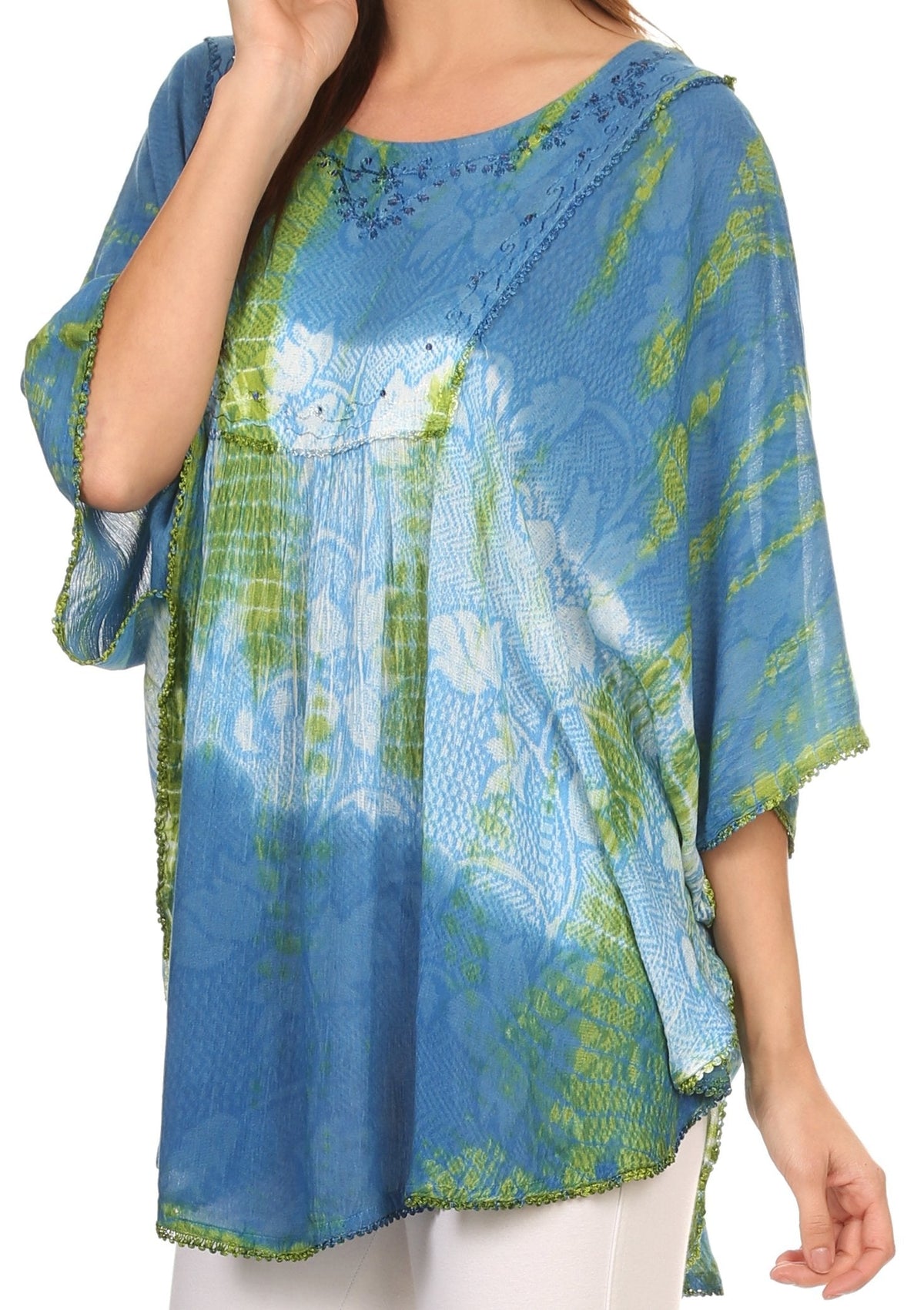 Sakkas Ellesa Ombre Tie Dye Circle Poncho Blouse Shirt Top With Sequin Embroidery - Fabs things