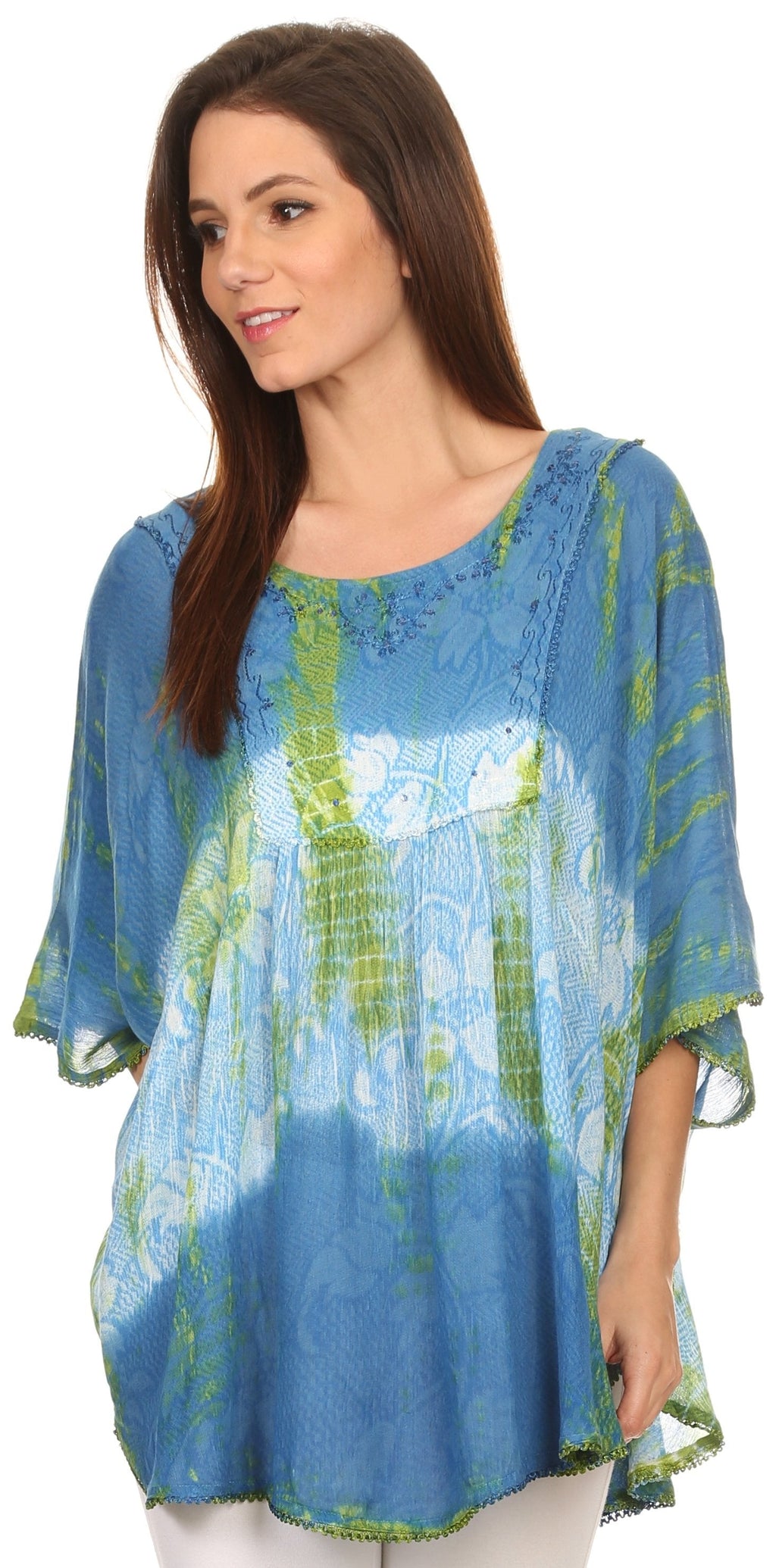 Sakkas Ellesa Ombre Tie Dye Circle Poncho Blouse Shirt Top With Sequin Embroidery - Fabs things