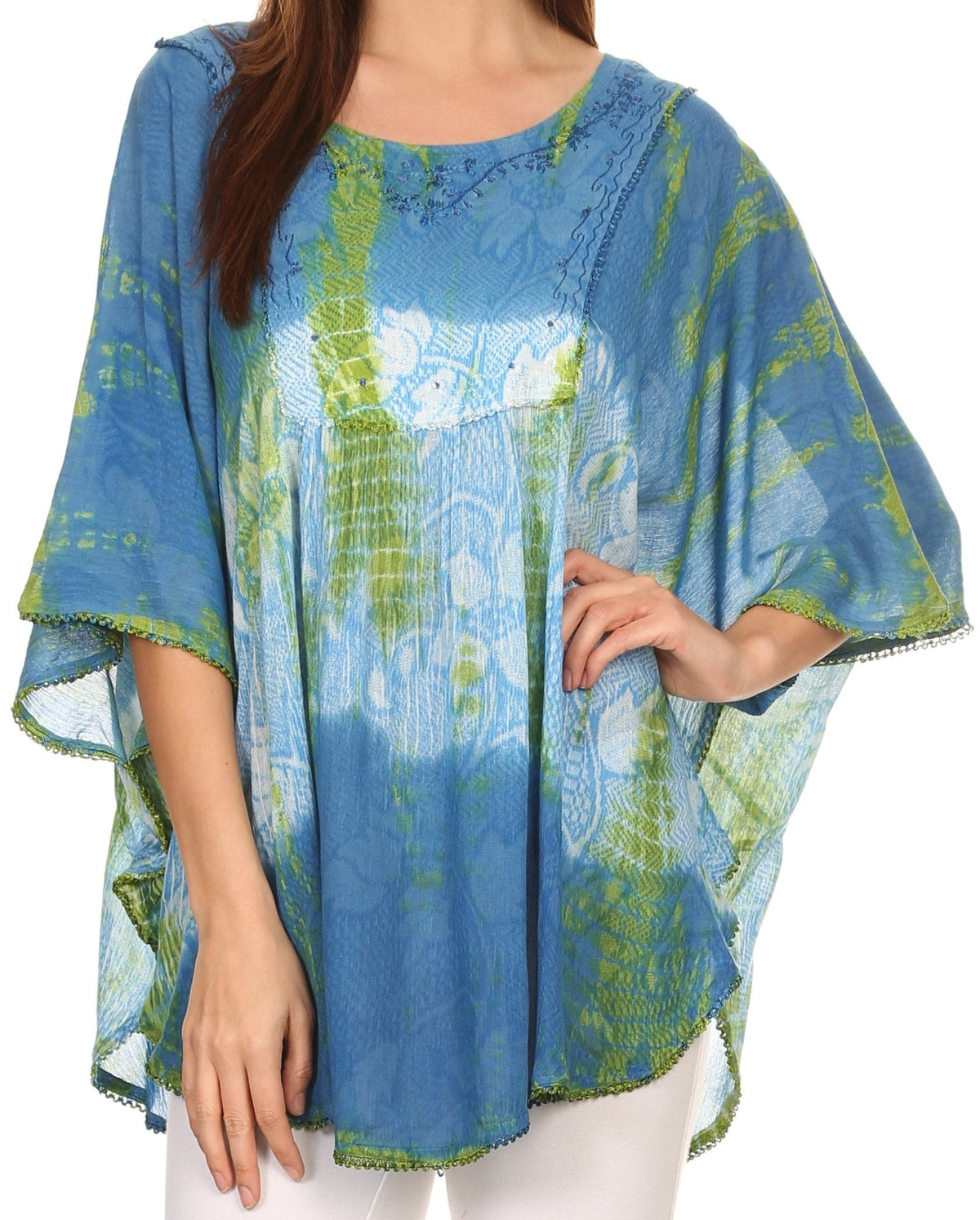 Sakkas Ellesa Ombre Tie Dye Circle Poncho Blouse Shirt Top With Sequin Embroidery - Fabs things