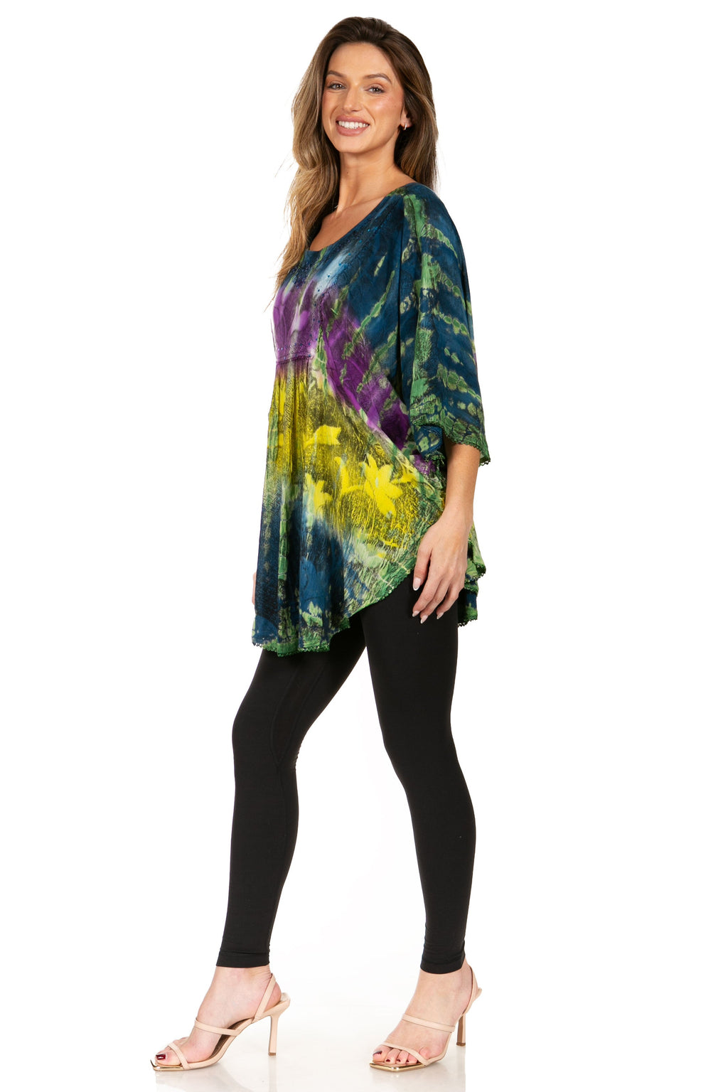 Sakkas Ellesa Ombre Tie Dye Circle Poncho Blouse Shirt Top With Sequin Embroidery - Fabs things