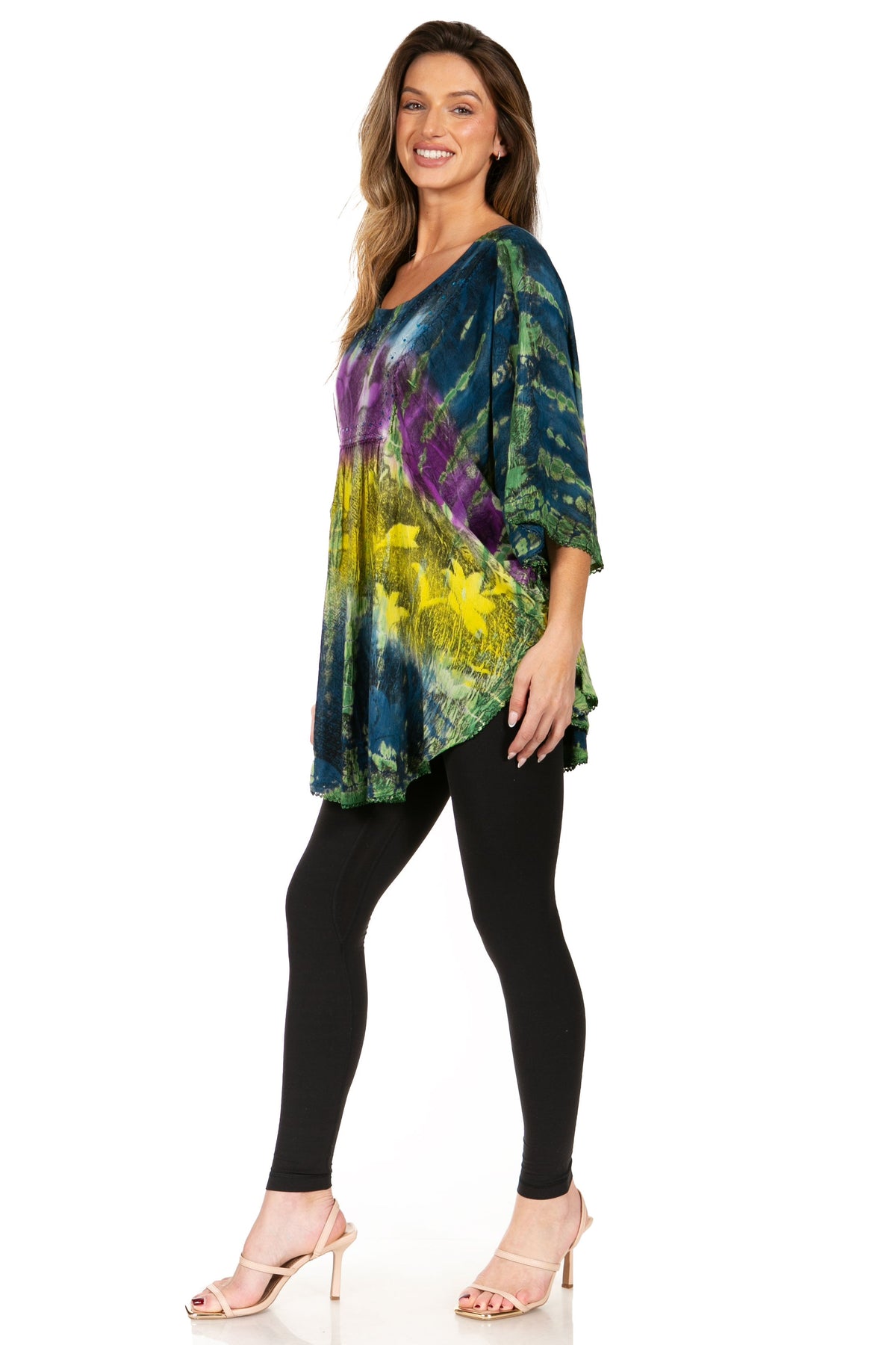Sakkas Ellesa Ombre Tie Dye Circle Poncho Blouse Shirt Top With Sequin Embroidery - Fabs things