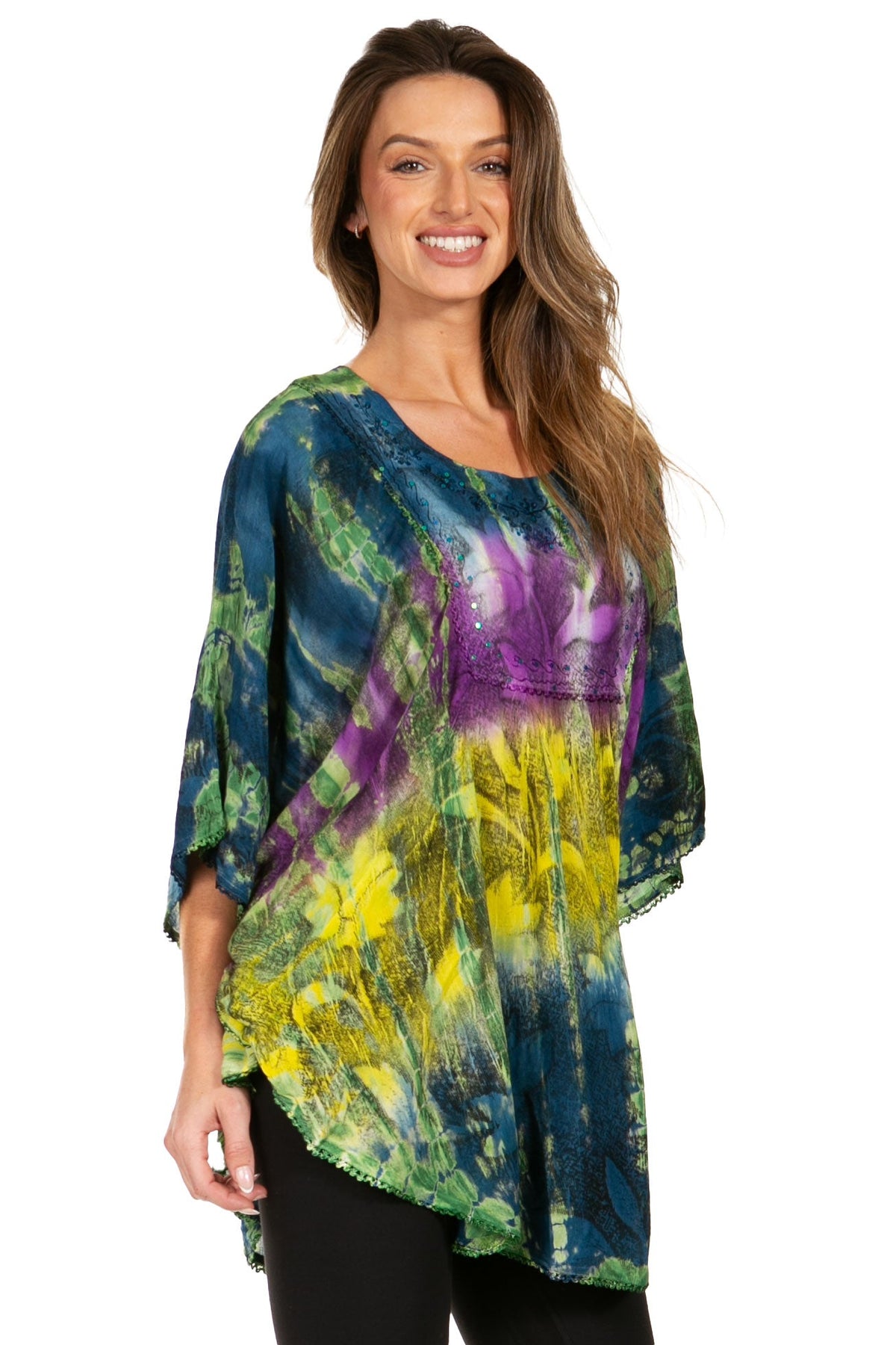 Sakkas Ellesa Ombre Tie Dye Circle Poncho Blouse Shirt Top With Sequin Embroidery - Fabs things