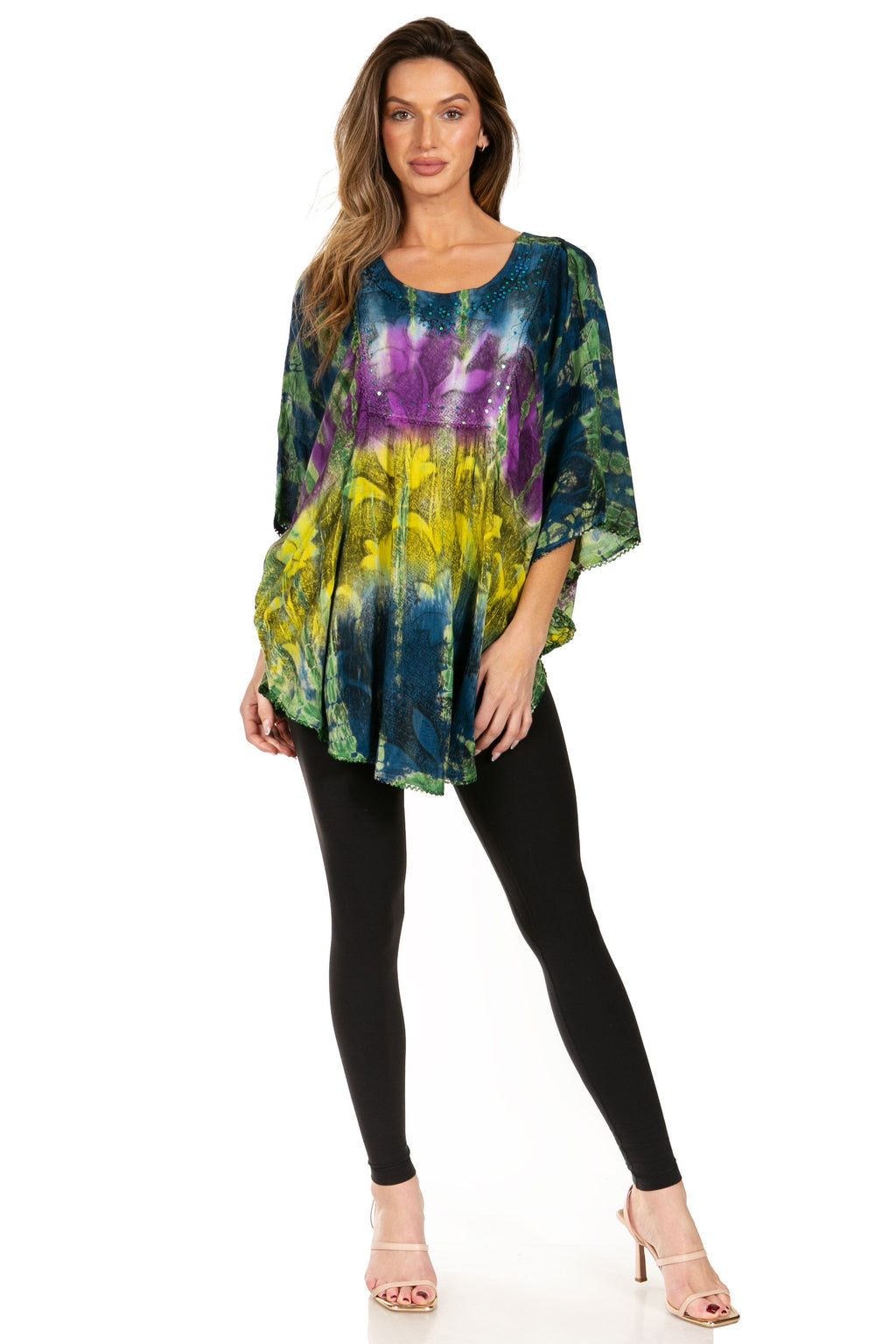 Sakkas Ellesa Ombre Tie Dye Circle Poncho Blouse Shirt Top With Sequin Embroidery - Fabs things