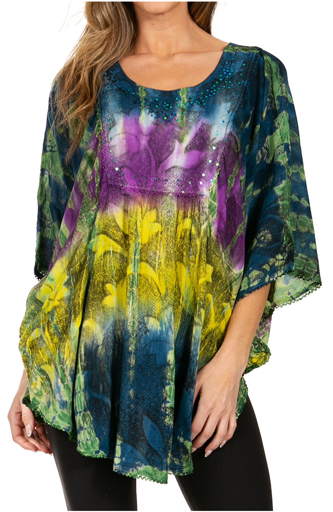 Sakkas Ellesa Ombre Tie Dye Circle Poncho Blouse Shirt Top With Sequin Embroidery - Fabs things
