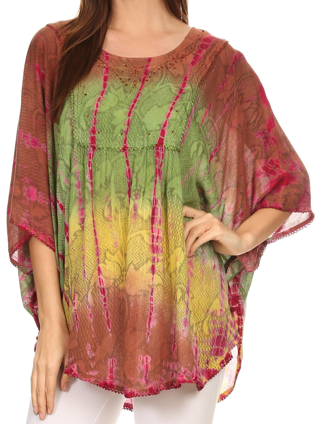 Sakkas Ellesa Ombre Tie Dye Circle Poncho Blouse Shirt Top With Sequin Embroidery - Fabs things