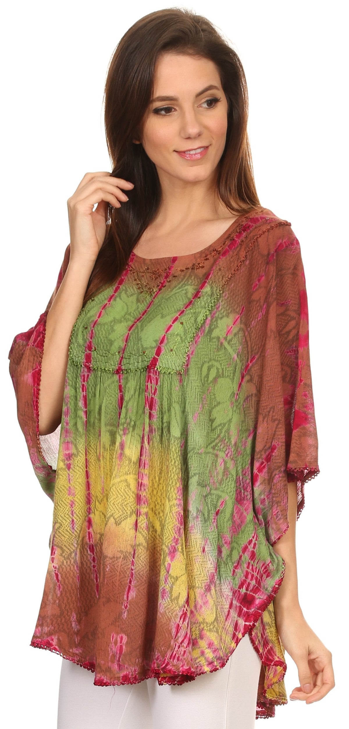 Sakkas Ellesa Ombre Tie Dye Circle Poncho Blouse Shirt Top With Sequin Embroidery - Fabs things