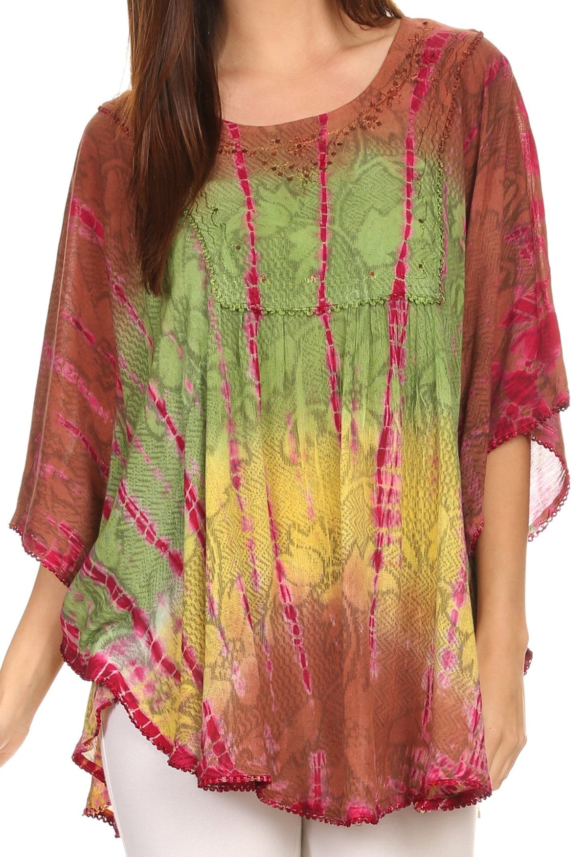 Sakkas Ellesa Ombre Tie Dye Circle Poncho Blouse Shirt Top With Sequin Embroidery - Fabs things
