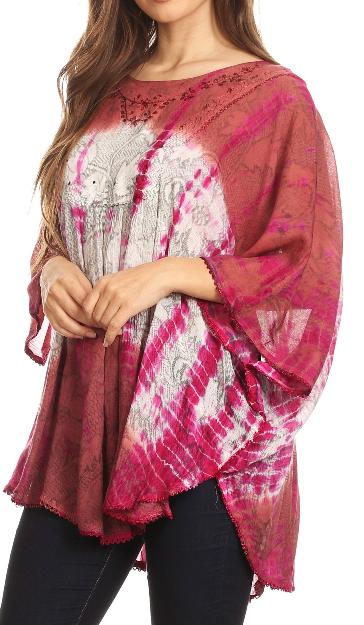 Sakkas Ellesa Ombre Tie Dye Circle Poncho Blouse Shirt Top With Sequin Embroidery - Fabs things