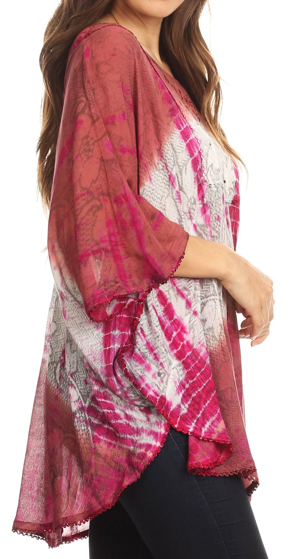 Sakkas Ellesa Ombre Tie Dye Circle Poncho Blouse Shirt Top With Sequin Embroidery - Fabs things