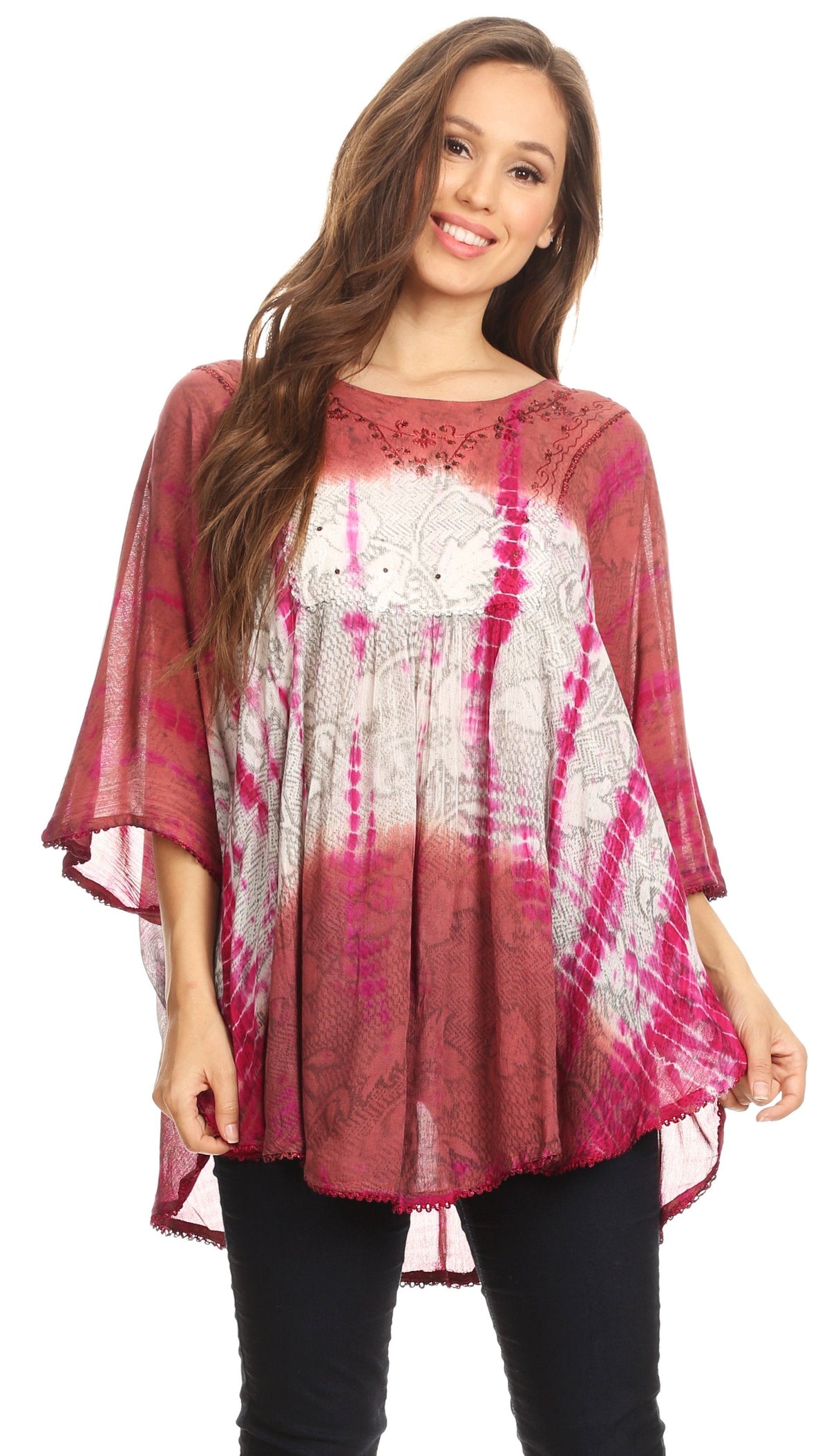 Sakkas Ellesa Ombre Tie Dye Circle Poncho Blouse Shirt Top With Sequin Embroidery - Fabs things