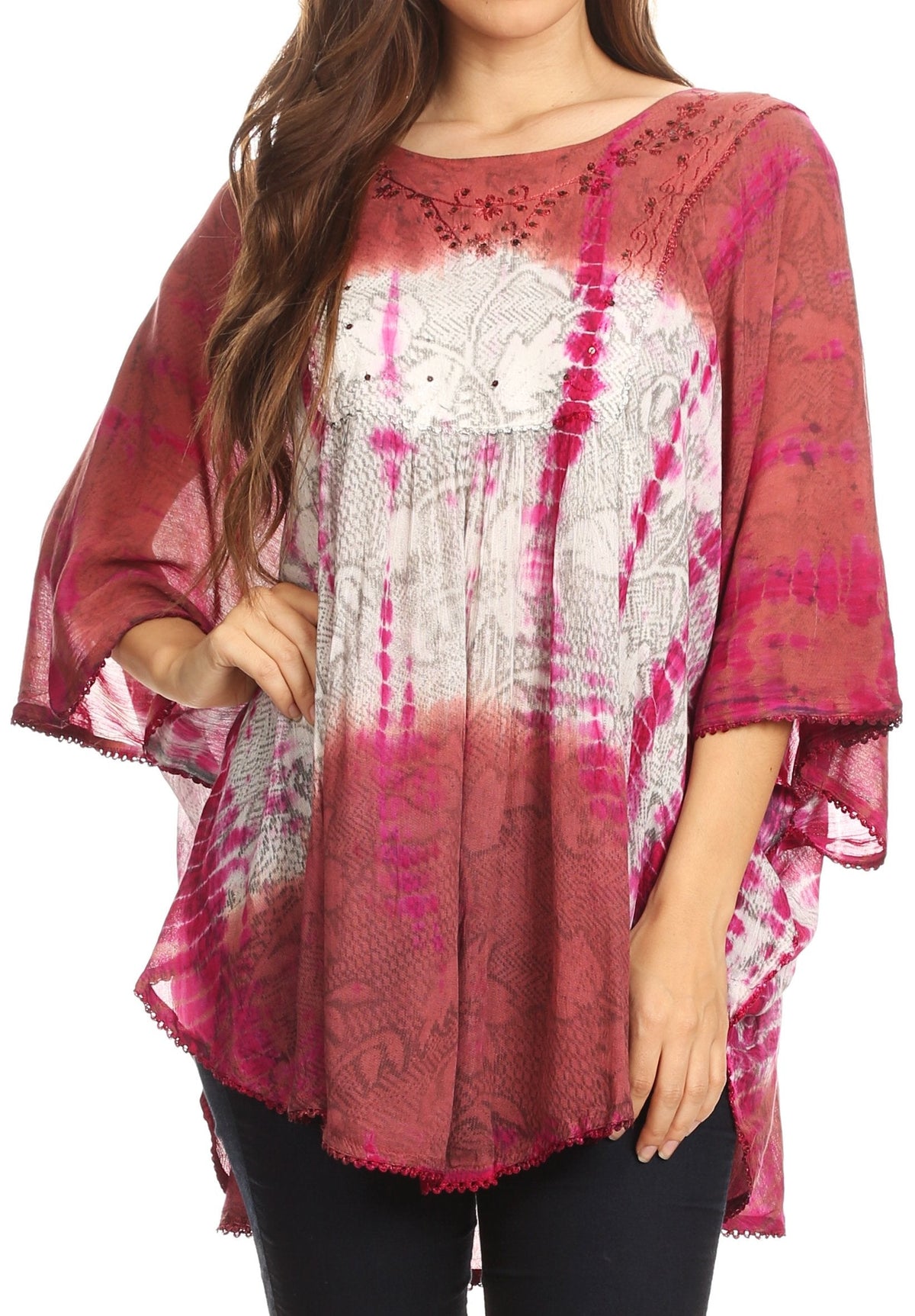 Sakkas Ellesa Ombre Tie Dye Circle Poncho Blouse Shirt Top With Sequin Embroidery - Fabs things