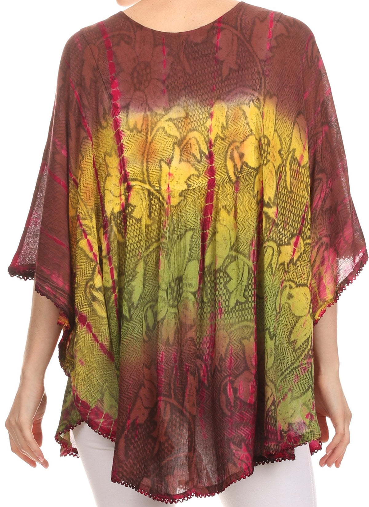 Sakkas Ellesa Ombre Tie Dye Circle Poncho Blouse Shirt Top With Sequin Embroidery - Fabs things