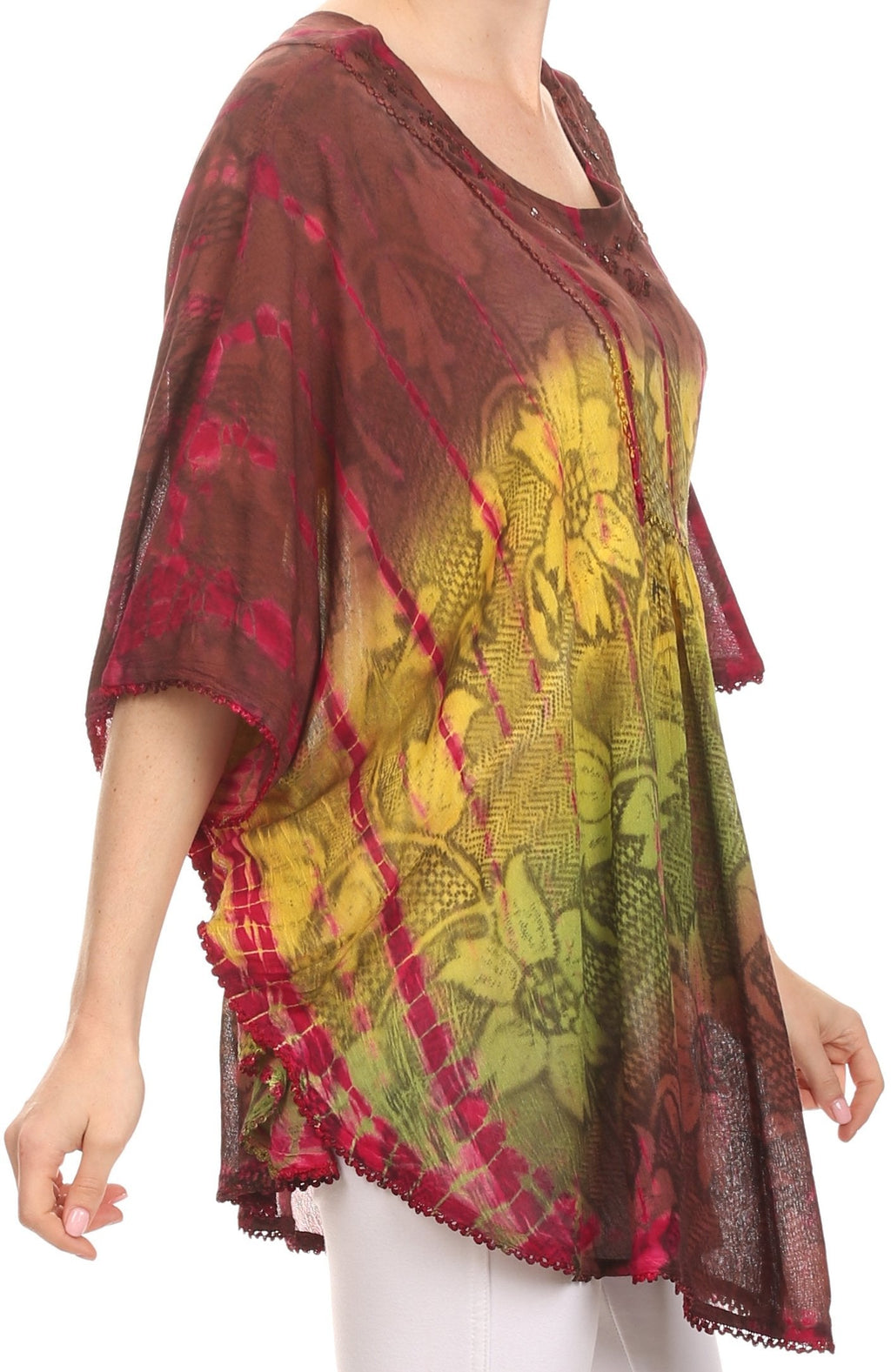 Sakkas Ellesa Ombre Tie Dye Circle Poncho Blouse Shirt Top With Sequin Embroidery - Fabs things