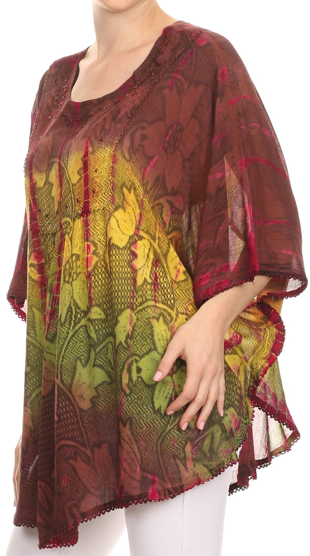 Sakkas Ellesa Ombre Tie Dye Circle Poncho Blouse Shirt Top With Sequin Embroidery - Fabs things