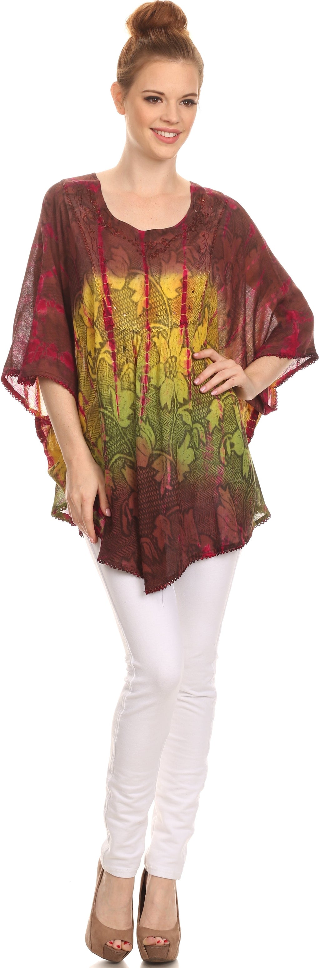 Sakkas Ellesa Ombre Tie Dye Circle Poncho Blouse Shirt Top With Sequin Embroidery - Fabs things