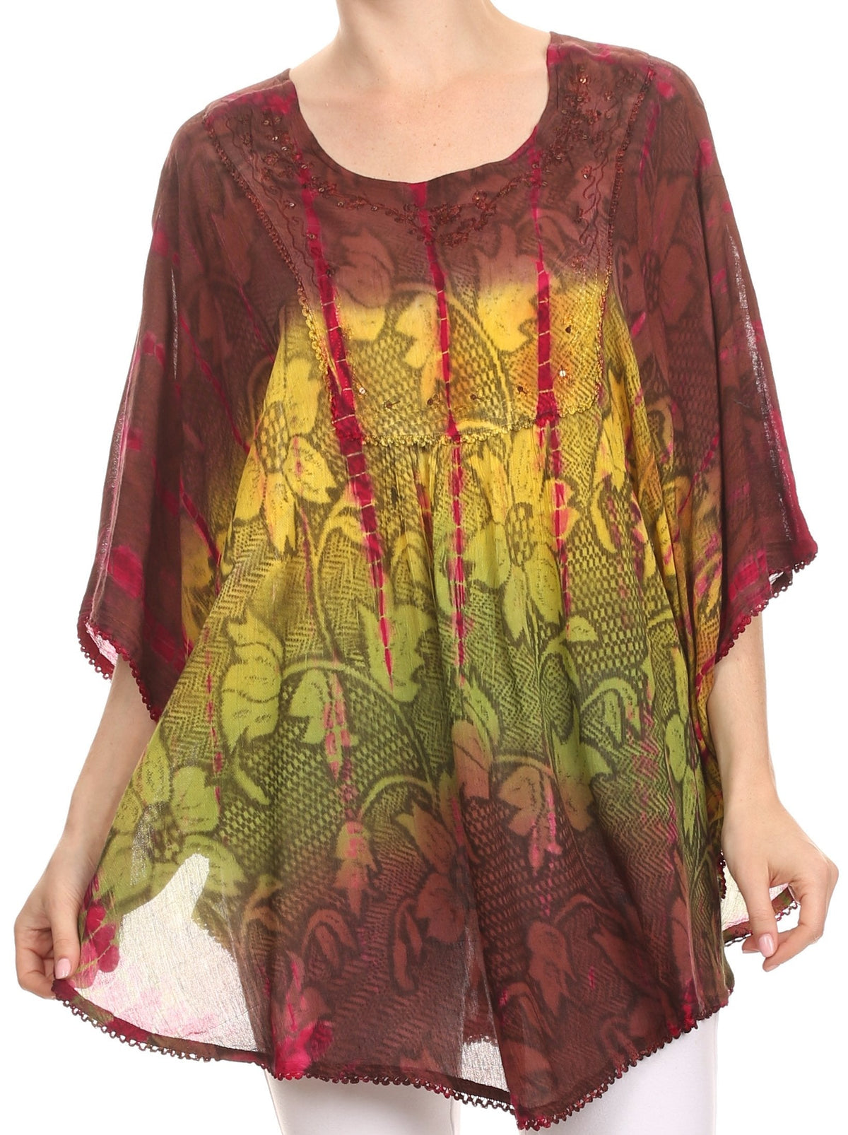 Sakkas Ellesa Ombre Tie Dye Circle Poncho Blouse Shirt Top With Sequin Embroidery - Fabs things