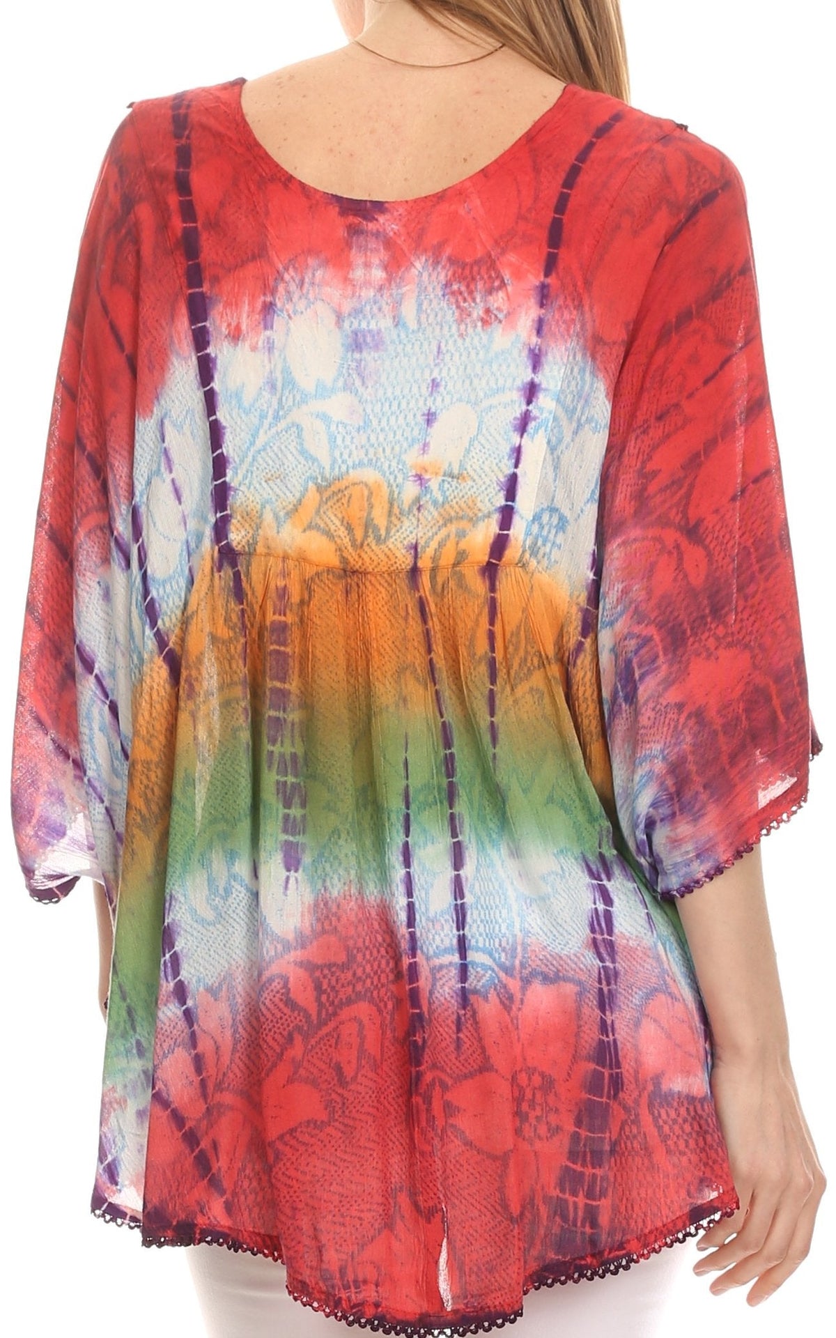 Sakkas Ellesa Ombre Tie Dye Circle Poncho Blouse Shirt Top With Sequin Embroidery - Fabs things