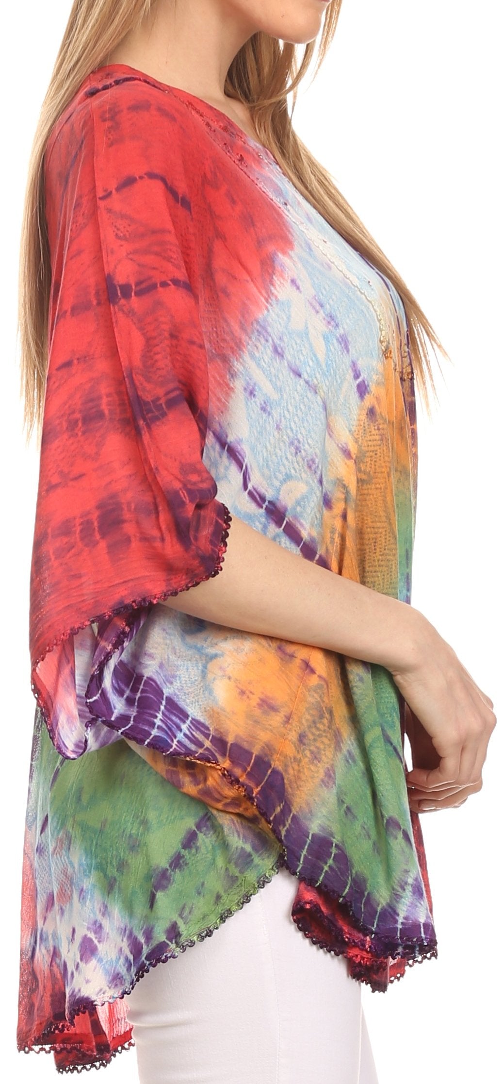 Sakkas Ellesa Ombre Tie Dye Circle Poncho Blouse Shirt Top With Sequin Embroidery - Fabs things