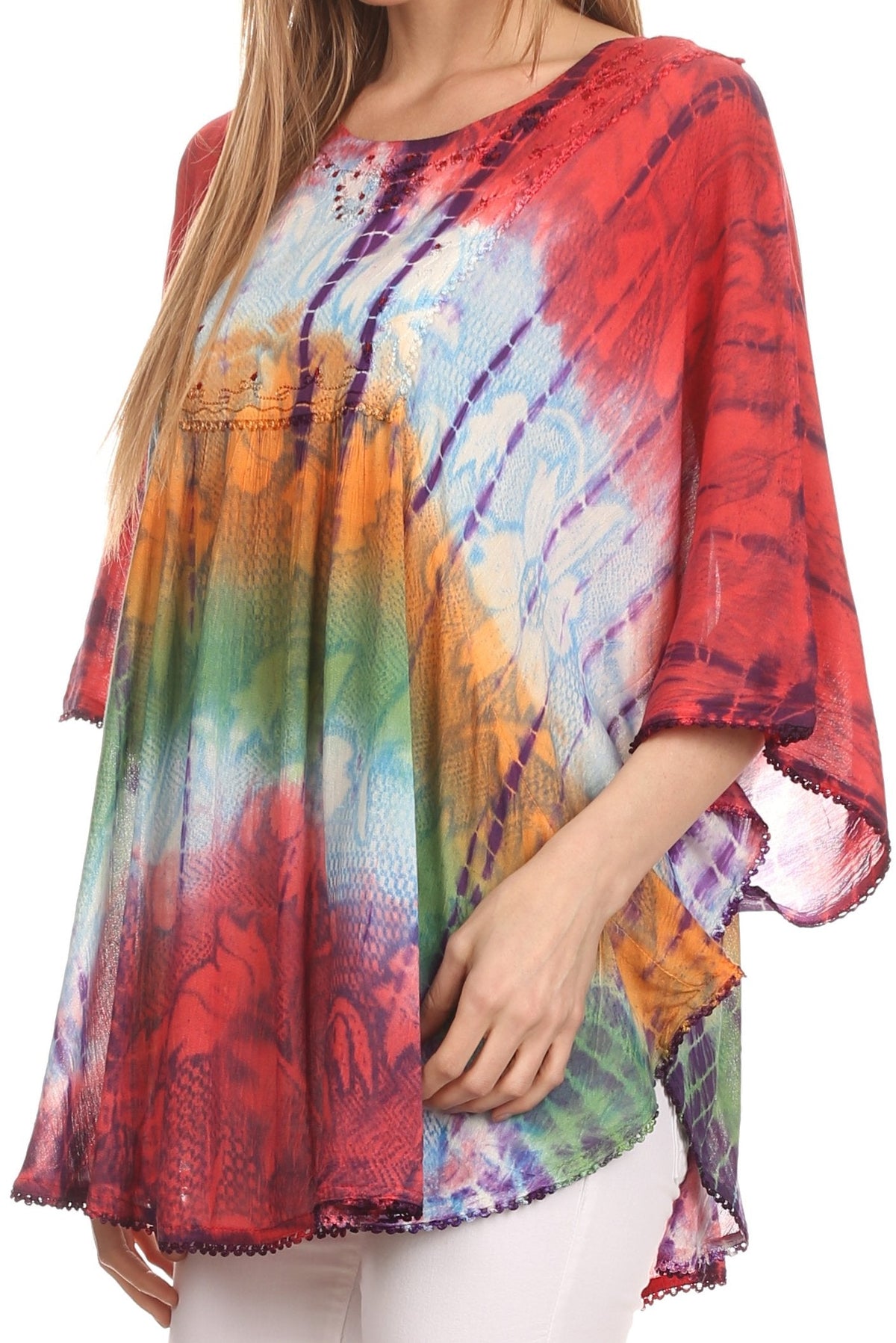 Sakkas Ellesa Ombre Tie Dye Circle Poncho Blouse Shirt Top With Sequin Embroidery - Fabs things