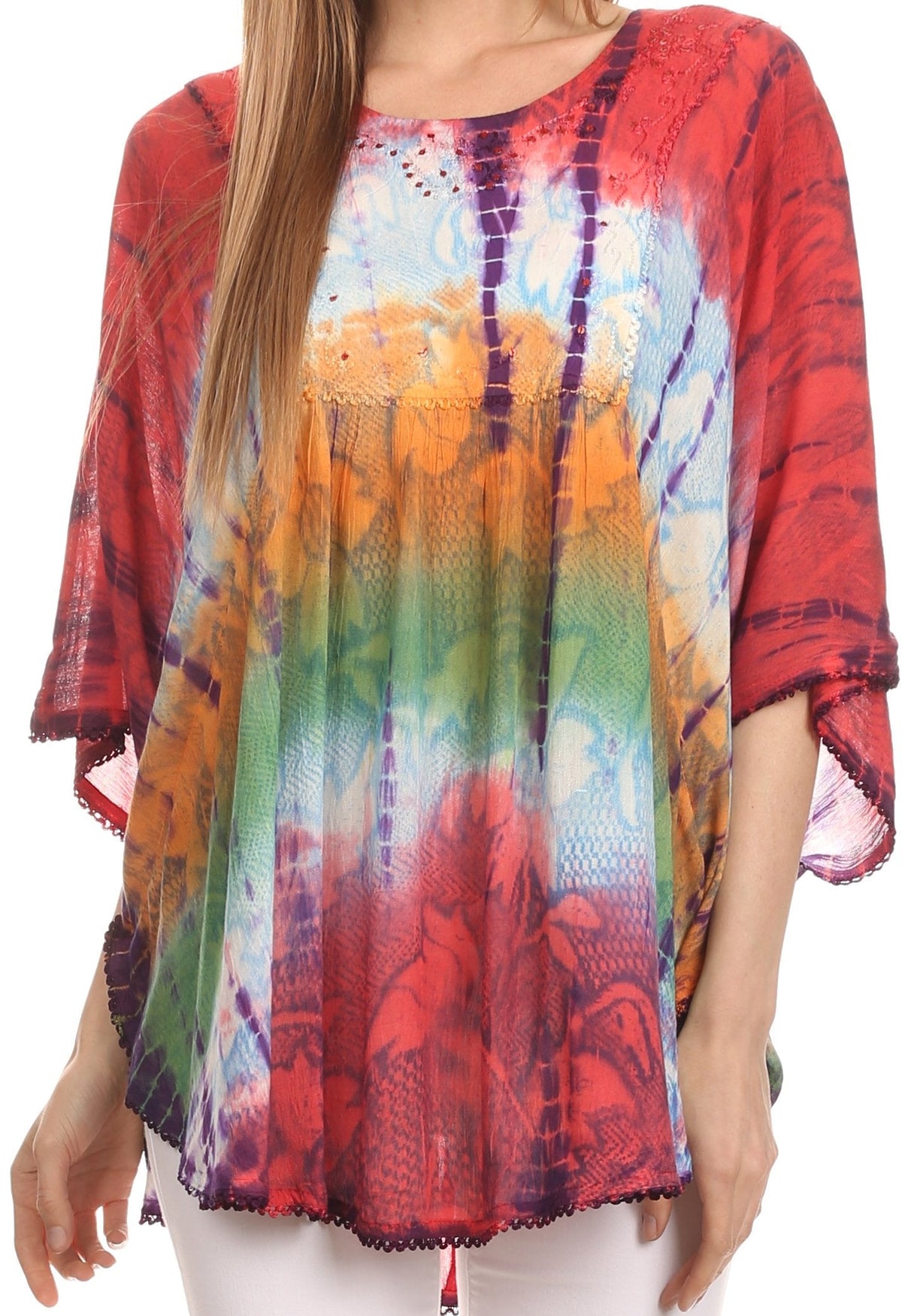 Sakkas Ellesa Ombre Tie Dye Circle Poncho Blouse Shirt Top With Sequin Embroidery - Fabs things