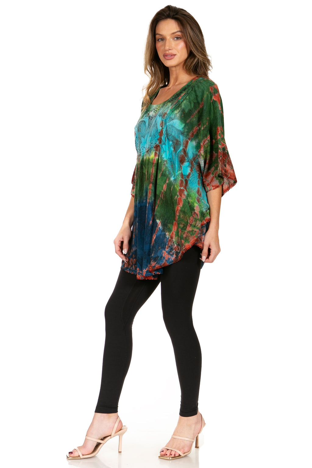 Sakkas Ellesa Ombre Tie Dye Circle Poncho Blouse Shirt Top With Sequin Embroidery - Fabs things