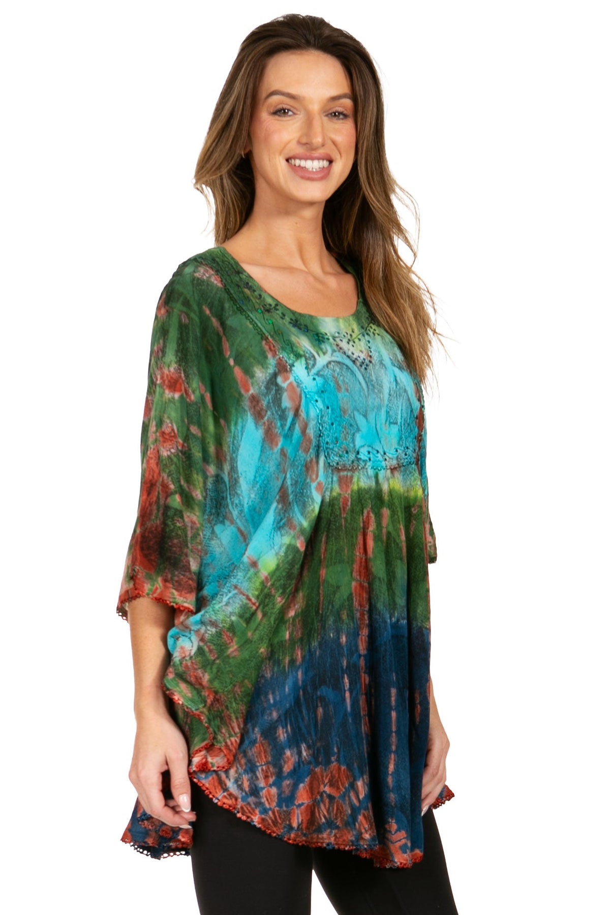 Sakkas Ellesa Ombre Tie Dye Circle Poncho Blouse Shirt Top With Sequin Embroidery - Fabs things
