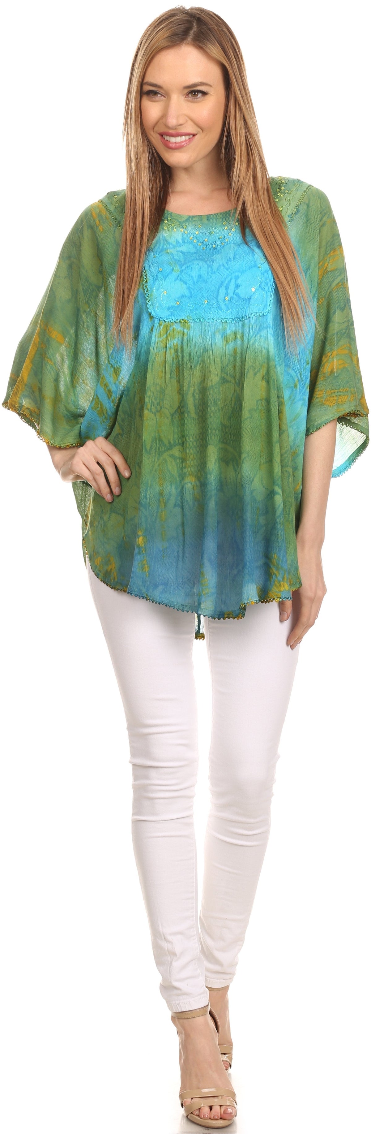 Sakkas Ellesa Ombre Tie Dye Circle Poncho Blouse Shirt Top With Sequin Embroidery - Fabs things
