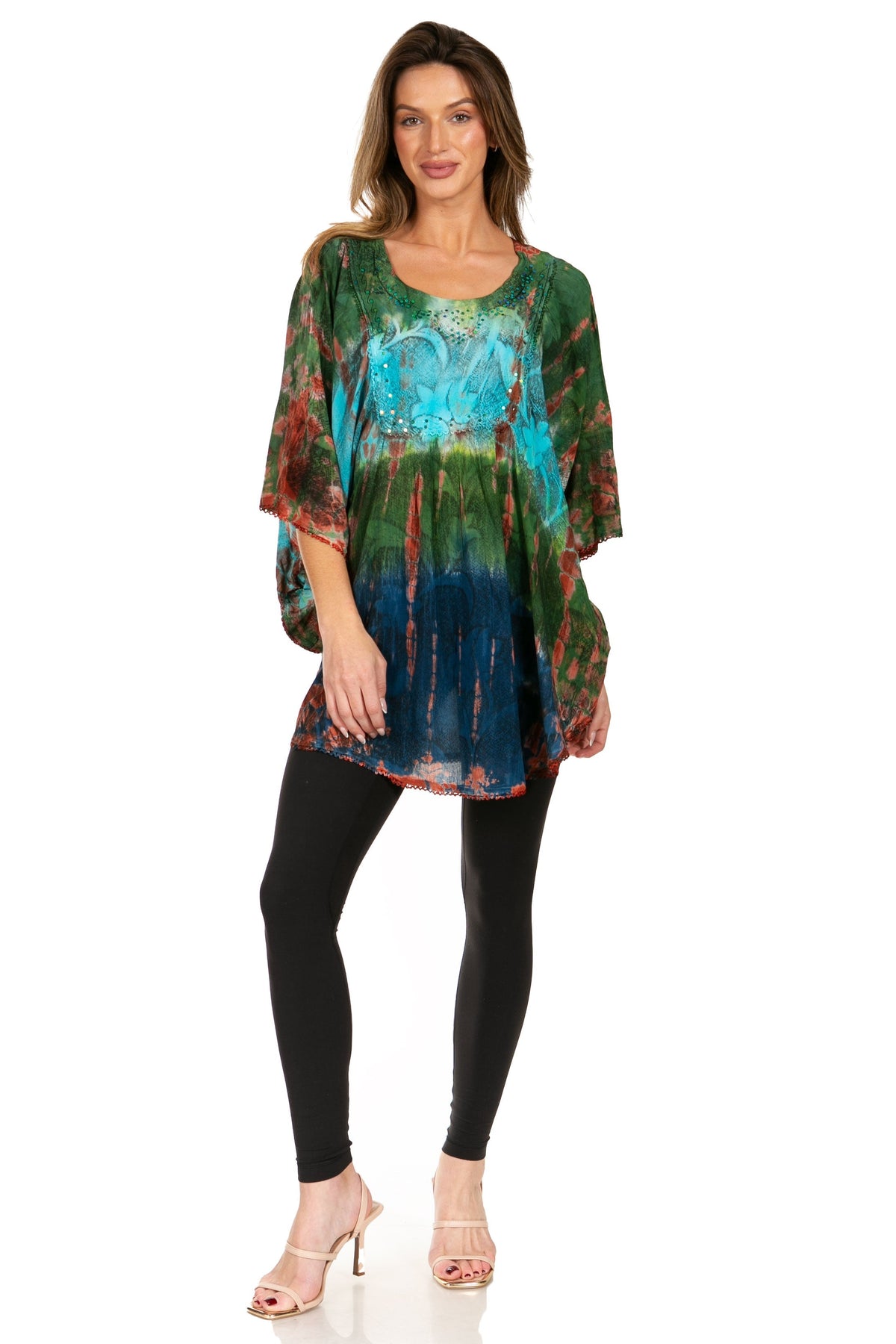 Sakkas Ellesa Ombre Tie Dye Circle Poncho Blouse Shirt Top With Sequin Embroidery - Fabs things