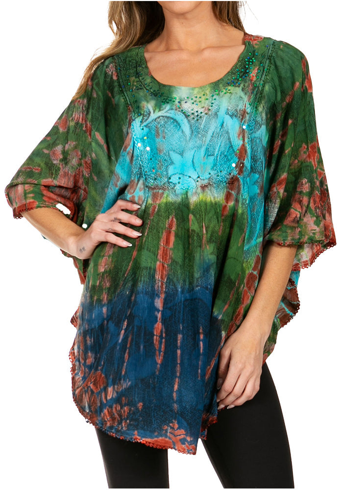Sakkas Ellesa Ombre Tie Dye Circle Poncho Blouse Shirt Top With Sequin Embroidery - Fabs things