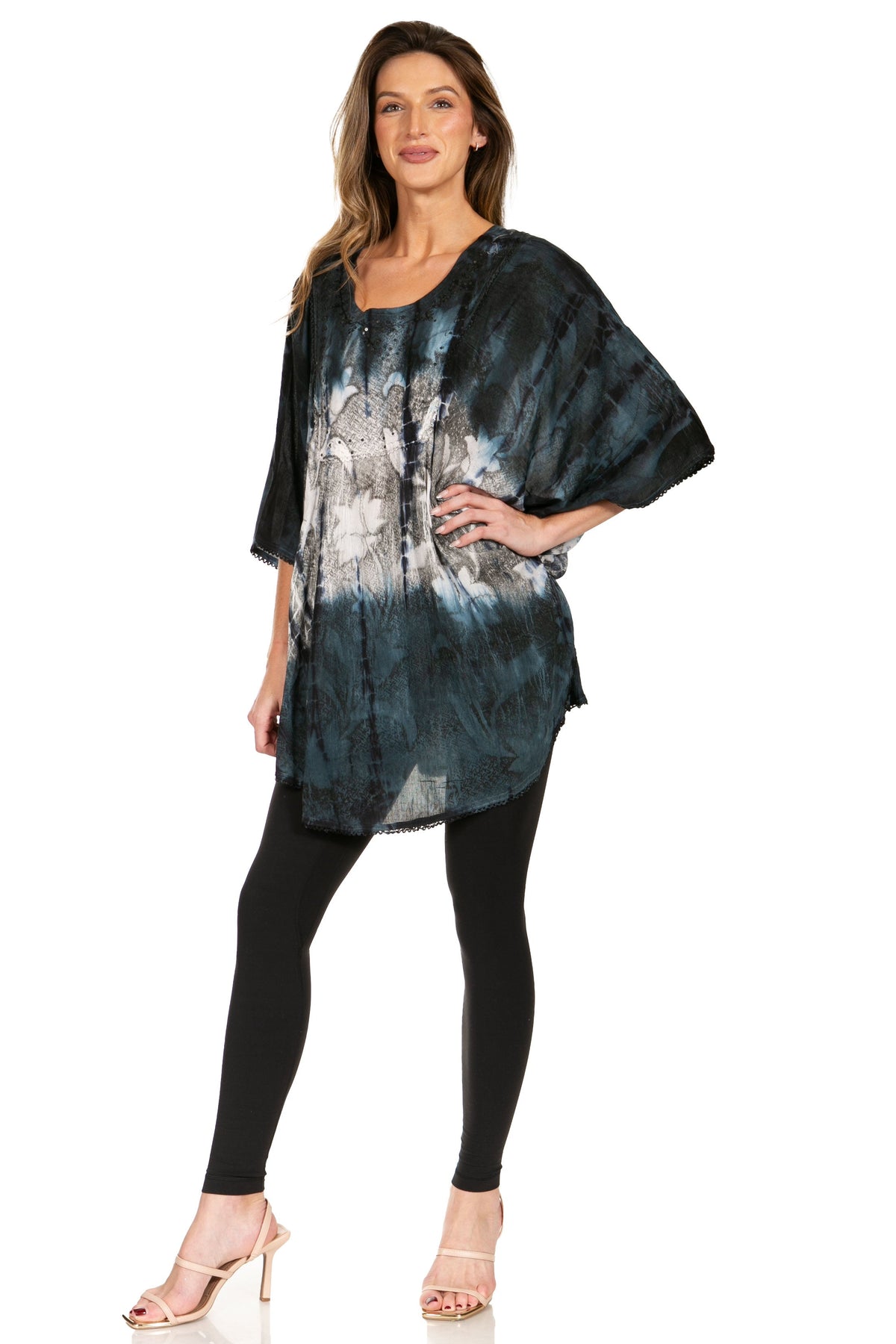 Sakkas Ellesa Ombre Tie Dye Circle Poncho Blouse Shirt Top With Sequin Embroidery - Fabs things