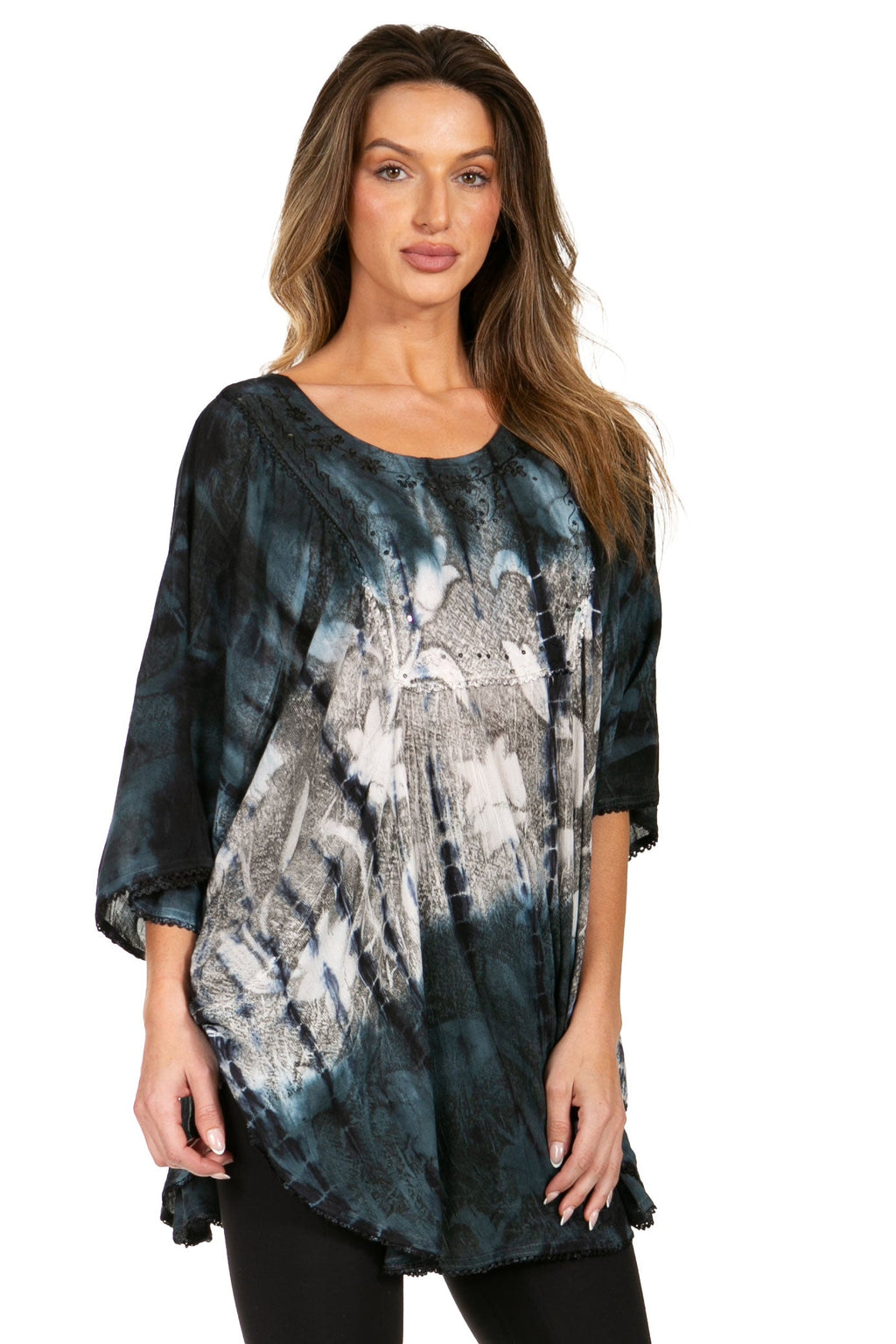 Sakkas Ellesa Ombre Tie Dye Circle Poncho Blouse Shirt Top With Sequin Embroidery - Fabs things