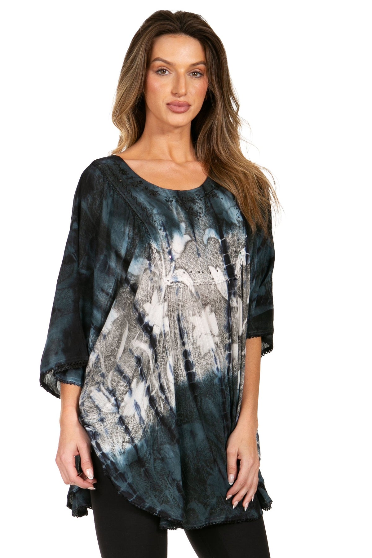 Sakkas Ellesa Ombre Tie Dye Circle Poncho Blouse Shirt Top With Sequin Embroidery - Fabs things