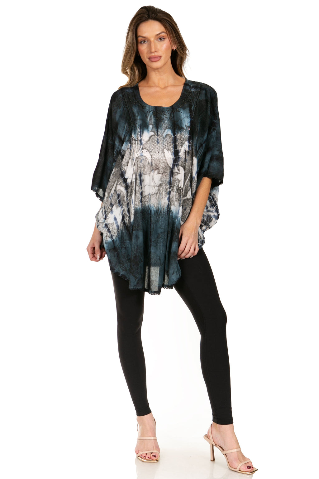 Sakkas Ellesa Ombre Tie Dye Circle Poncho Blouse Shirt Top With Sequin Embroidery - Fabs things
