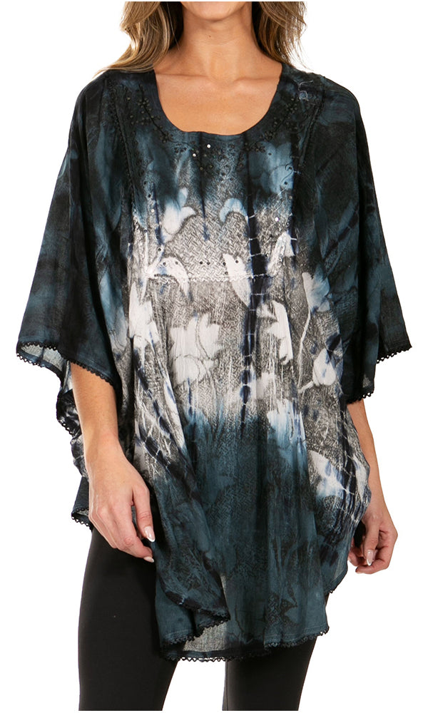 Sakkas Ellesa Ombre Tie Dye Circle Poncho Blouse Shirt Top With Sequin Embroidery - Fabs things