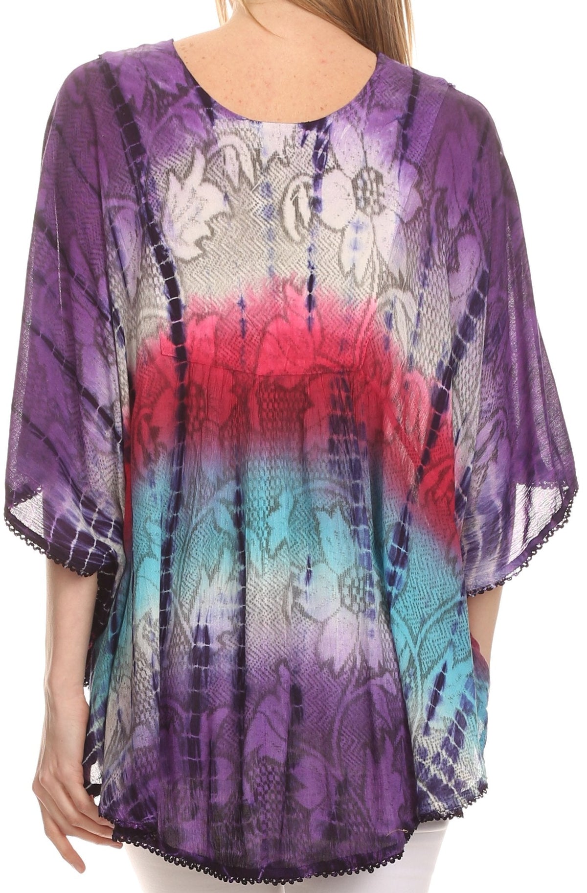 Sakkas Ellesa Ombre Tie Dye Circle Poncho Blouse Shirt Top With Sequin Embroidery - Fabs things