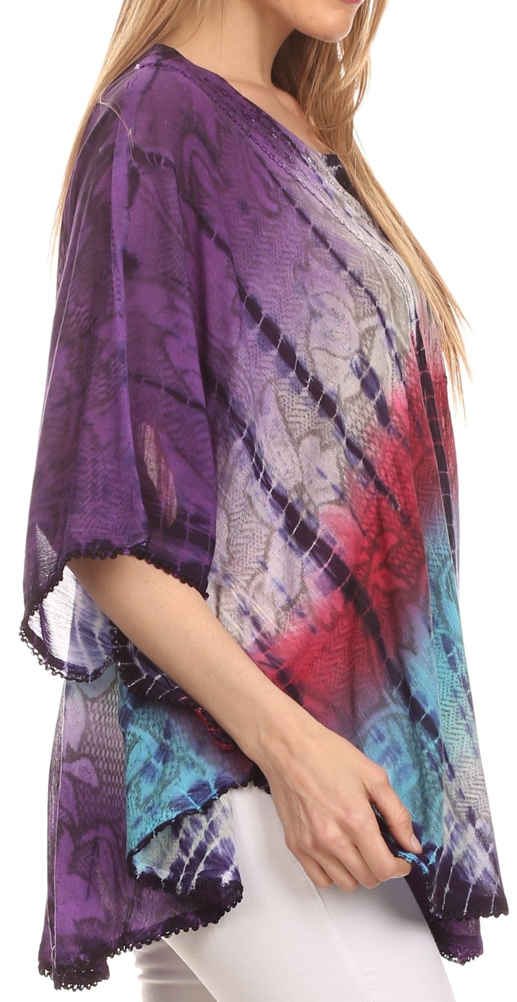 Sakkas Ellesa Ombre Tie Dye Circle Poncho Blouse Shirt Top With Sequin Embroidery - Fabs things