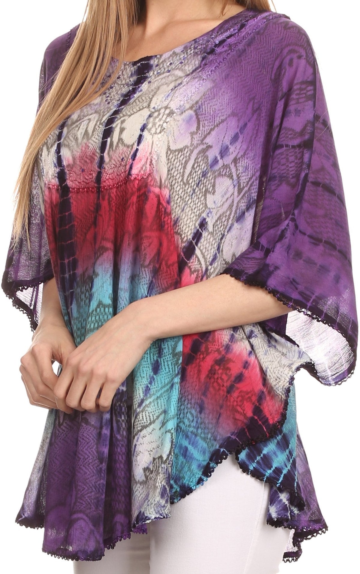 Sakkas Ellesa Ombre Tie Dye Circle Poncho Blouse Shirt Top With Sequin Embroidery - Fabs things