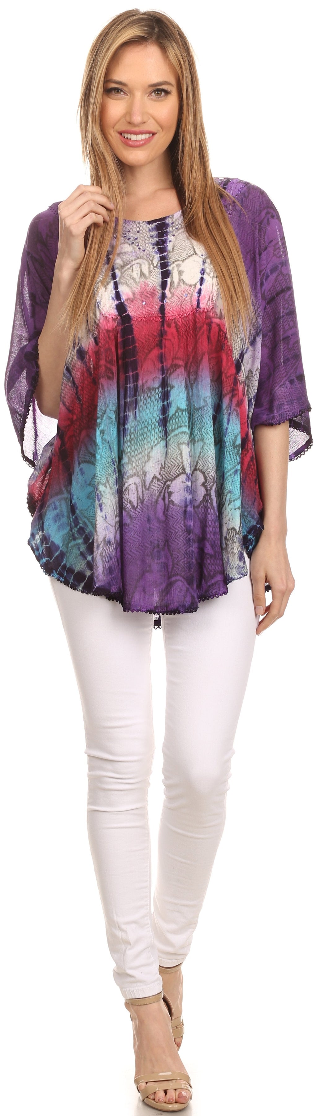 Sakkas Ellesa Ombre Tie Dye Circle Poncho Blouse Shirt Top With Sequin Embroidery - Fabs things