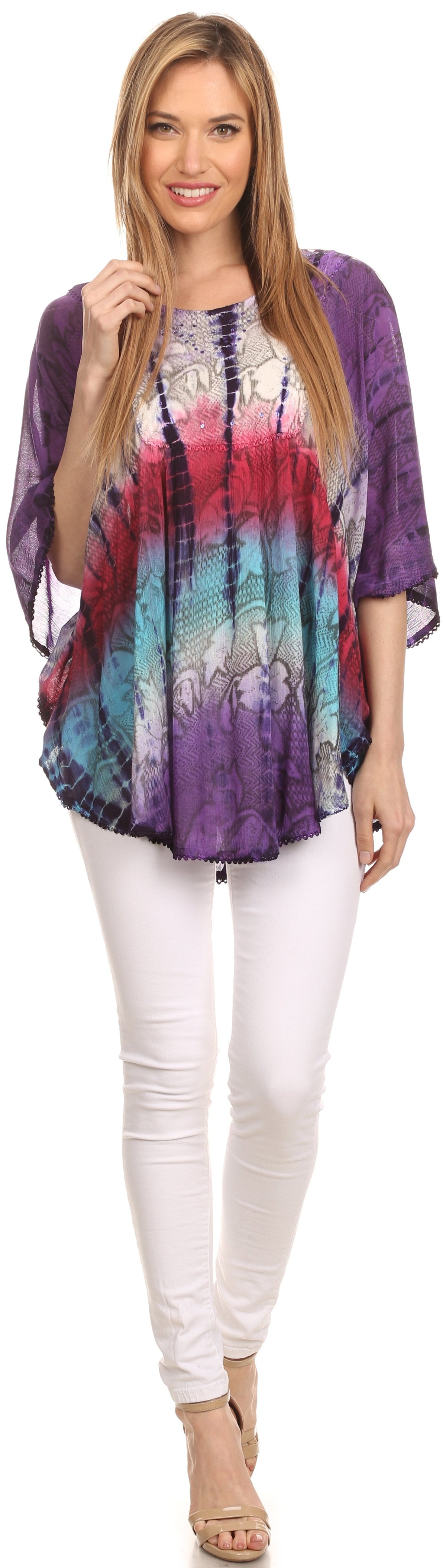 Sakkas Ellesa Ombre Tie Dye Circle Poncho Blouse Shirt Top With Sequin Embroidery - Fabs things